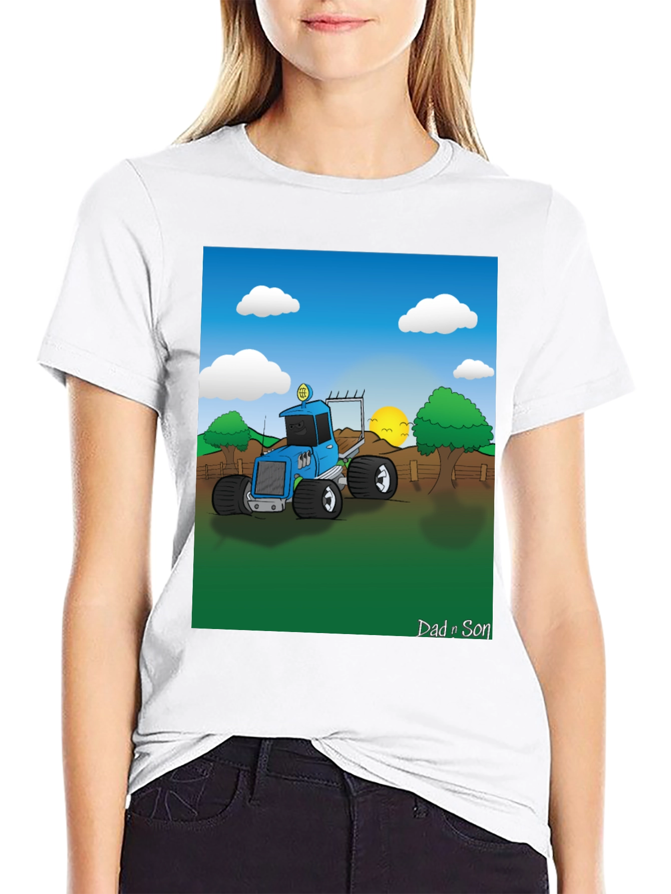 Dad n Son Cartoon Tractor Graphic T-Shirt