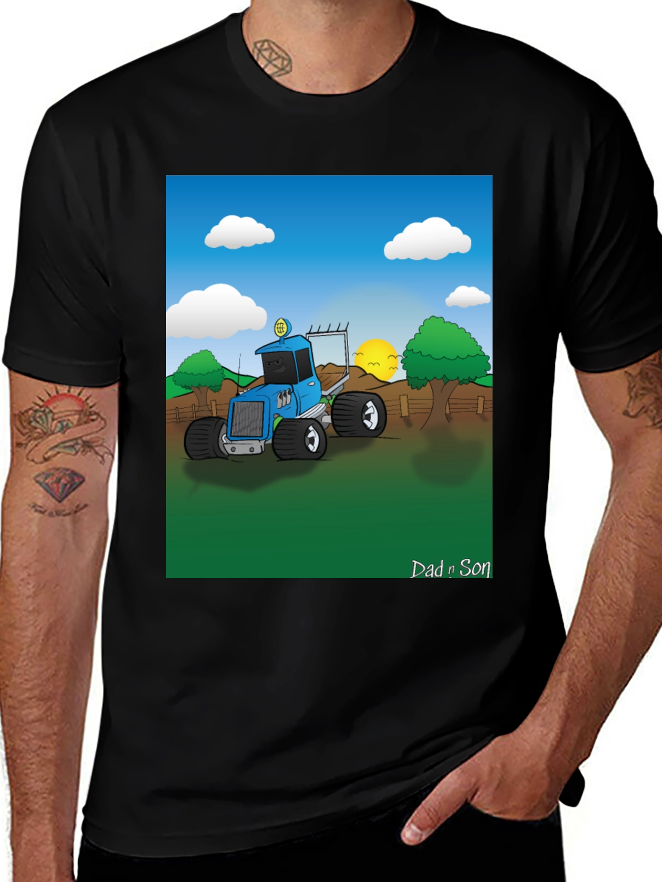 Dad n Son Cartoon Tractor Graphic T-Shirt