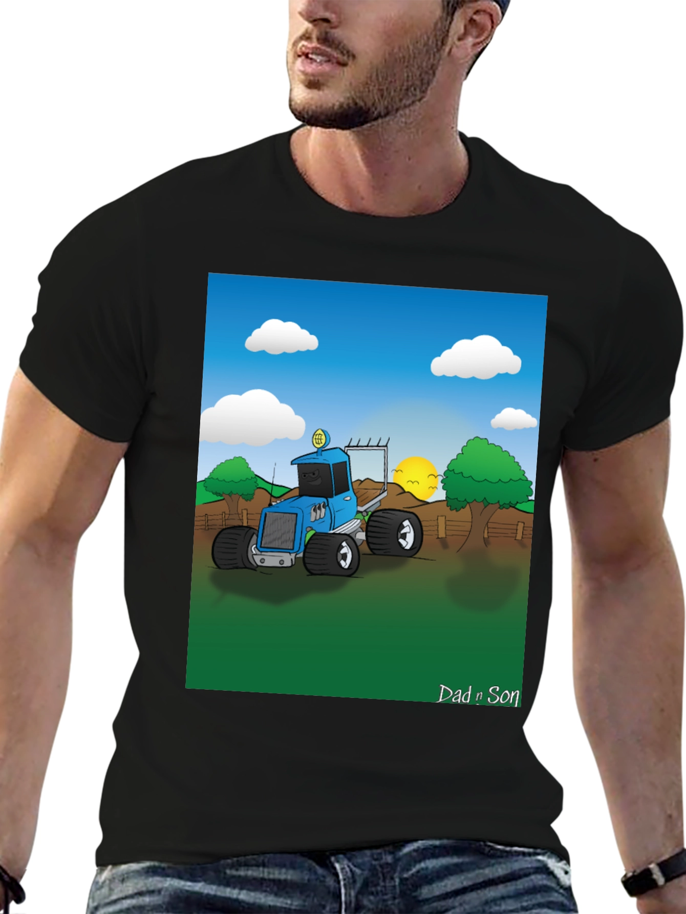 Dad n Son Cartoon Tractor Graphic T-Shirt