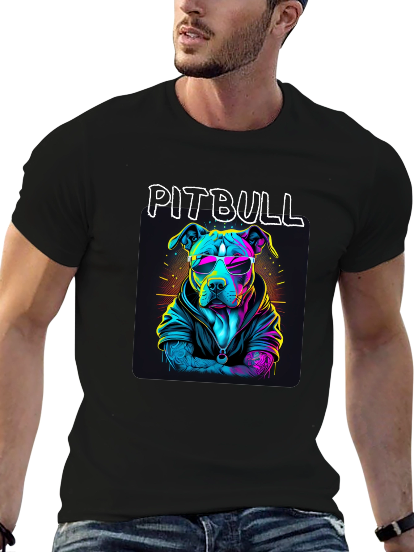 Cool Pitbull T-Shirt - Neon Style Dog Design