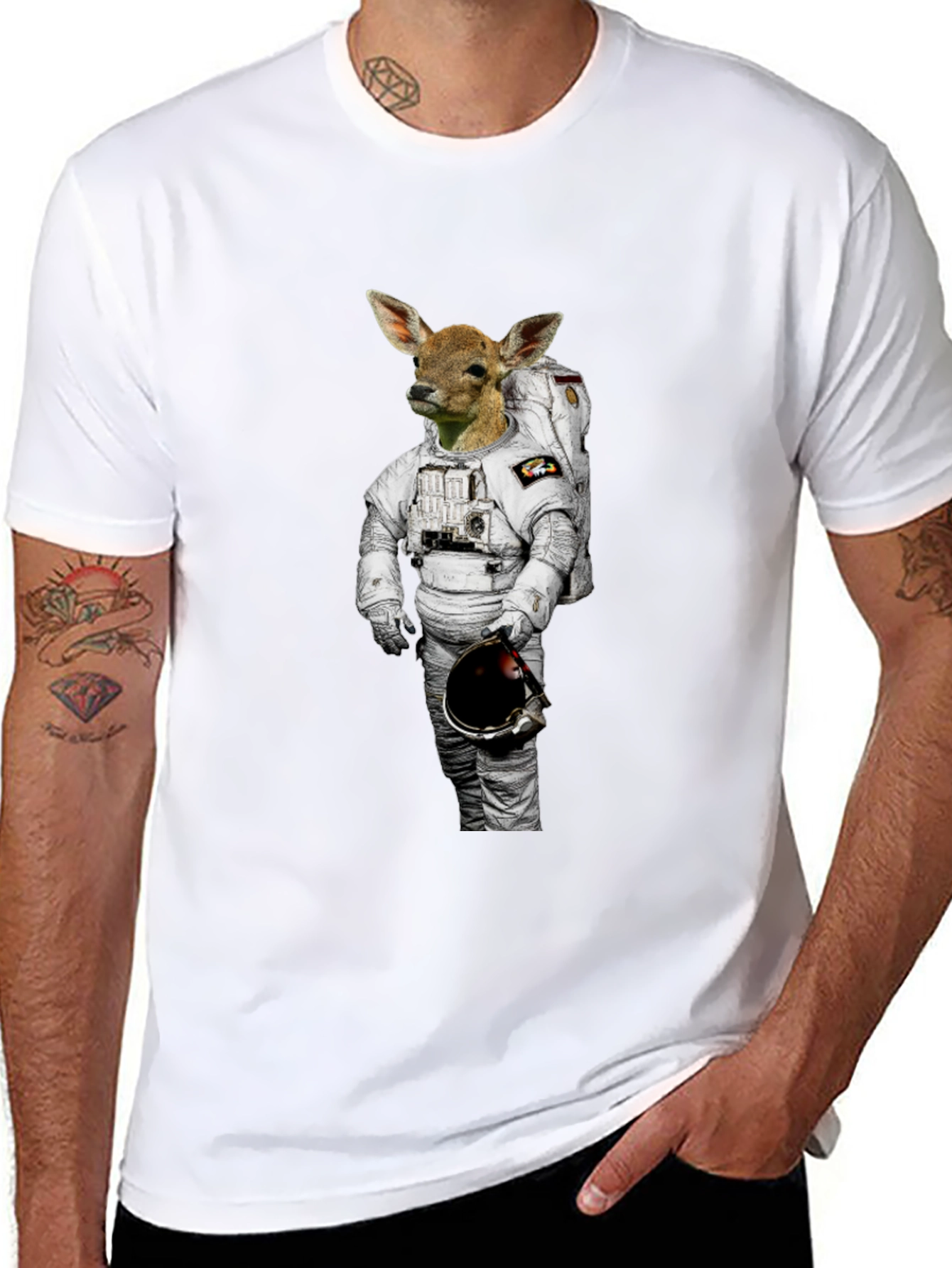 Deer Astronaut Graphic Print Black T-Shirt