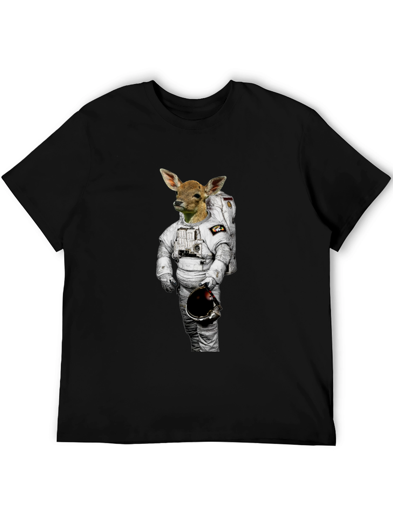 Deer Astronaut Graphic Print Black T-Shirt