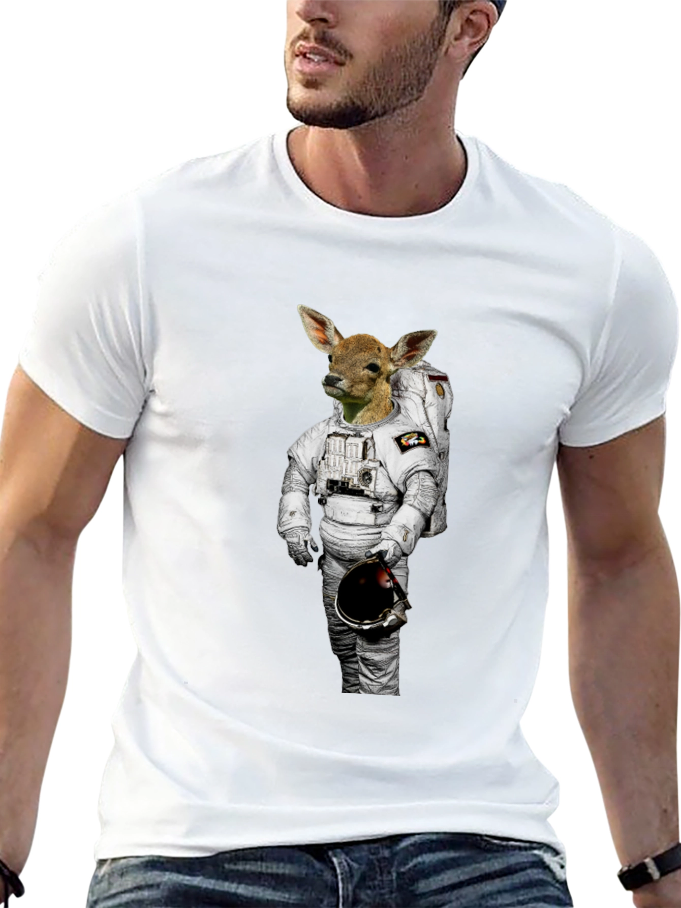 Deer Astronaut Graphic Print Black T-Shirt