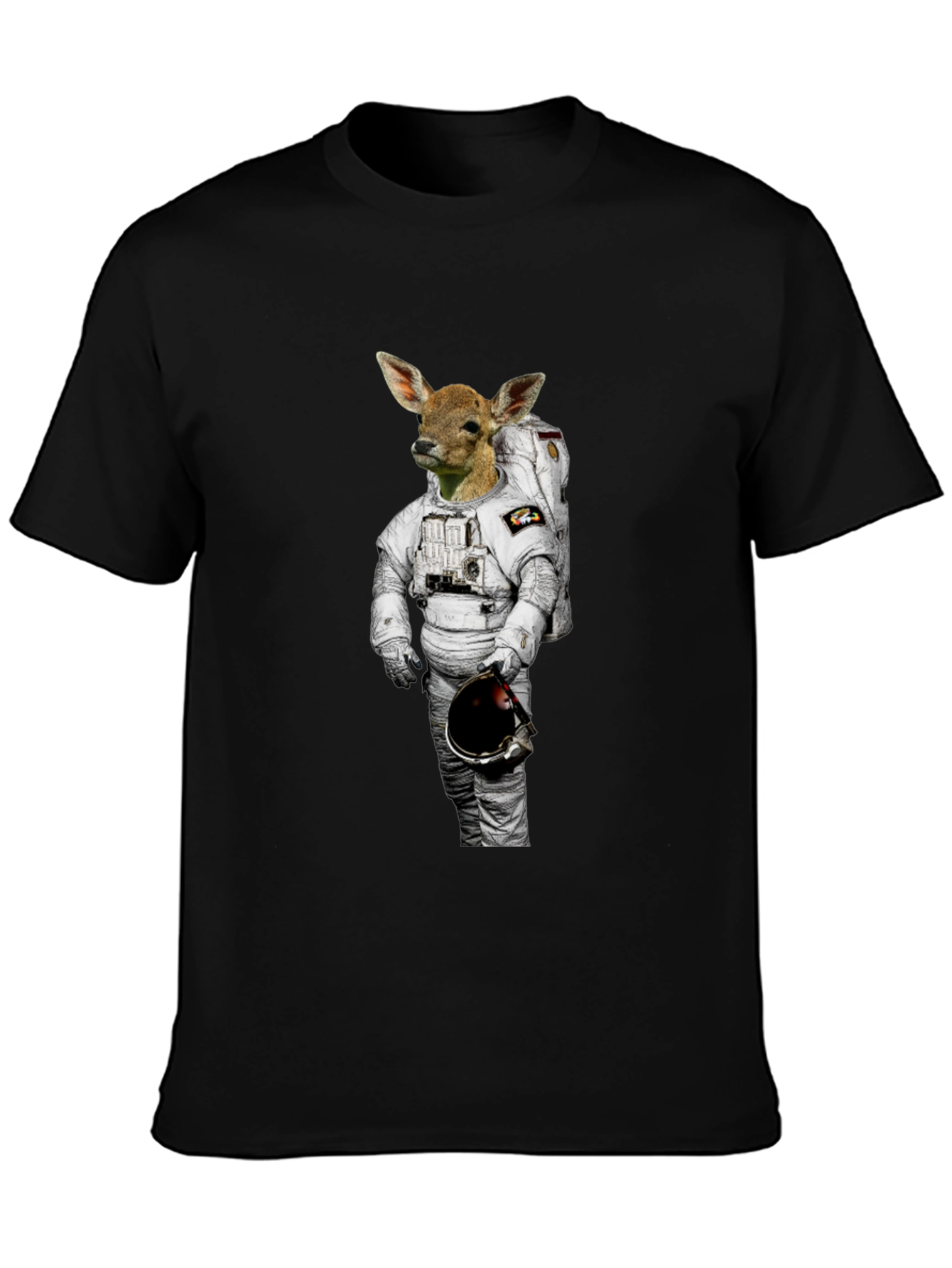 Deer Astronaut Graphic Print Black T-Shirt
