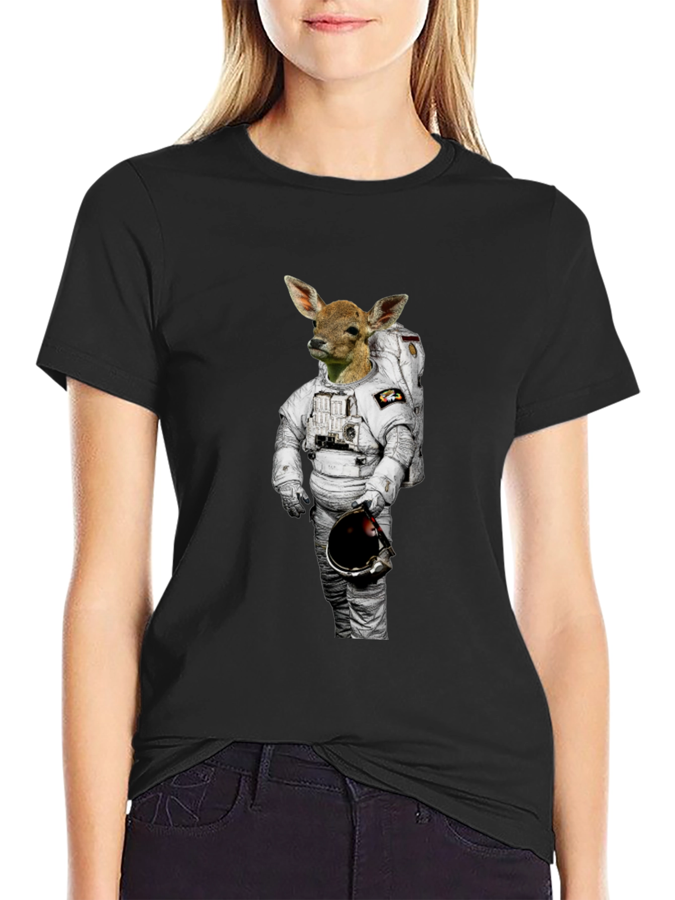 Deer Astronaut Graphic Print Black T-Shirt