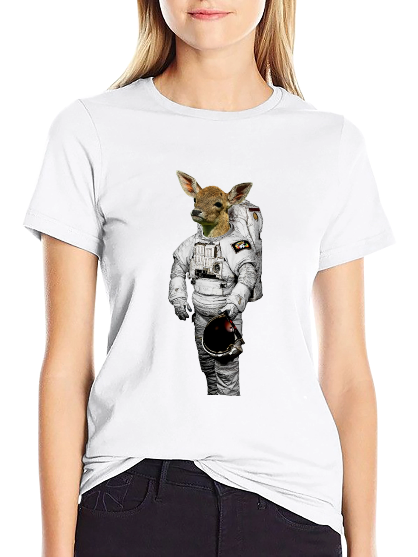 Deer Astronaut Graphic Print Black T-Shirt