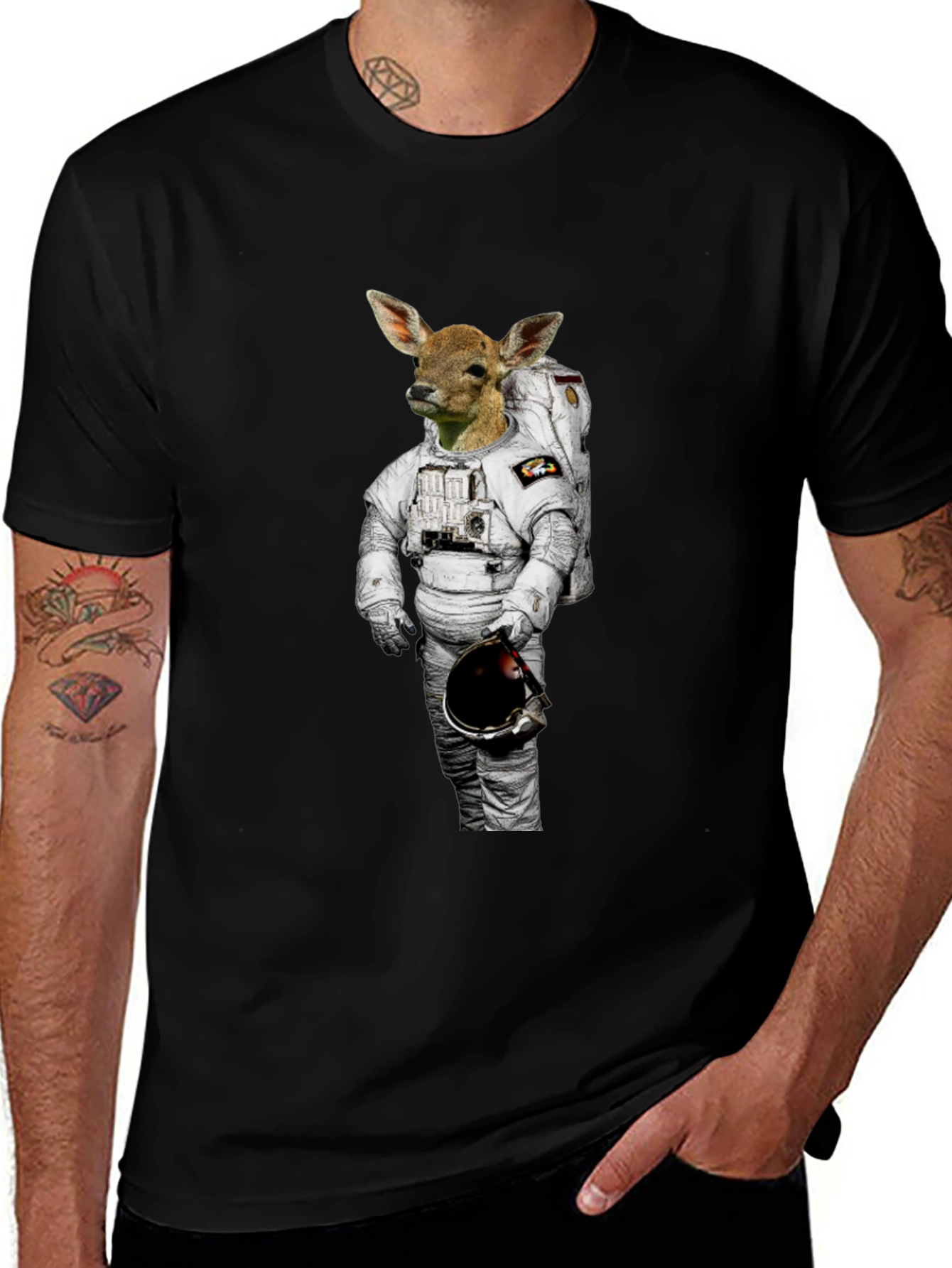 Deer Astronaut Graphic Print Black T-Shirt