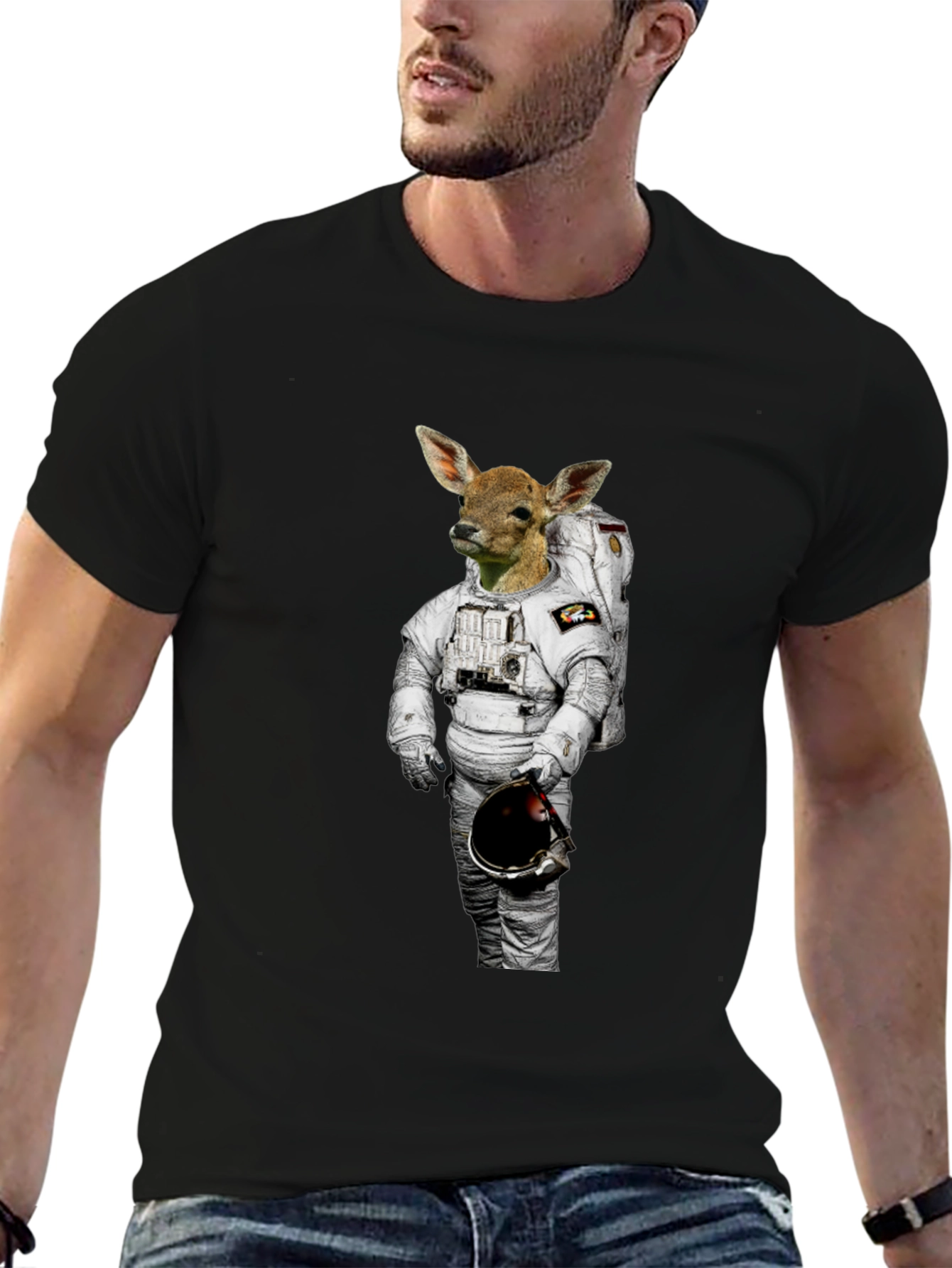 Deer Astronaut Graphic Print Black T-Shirt