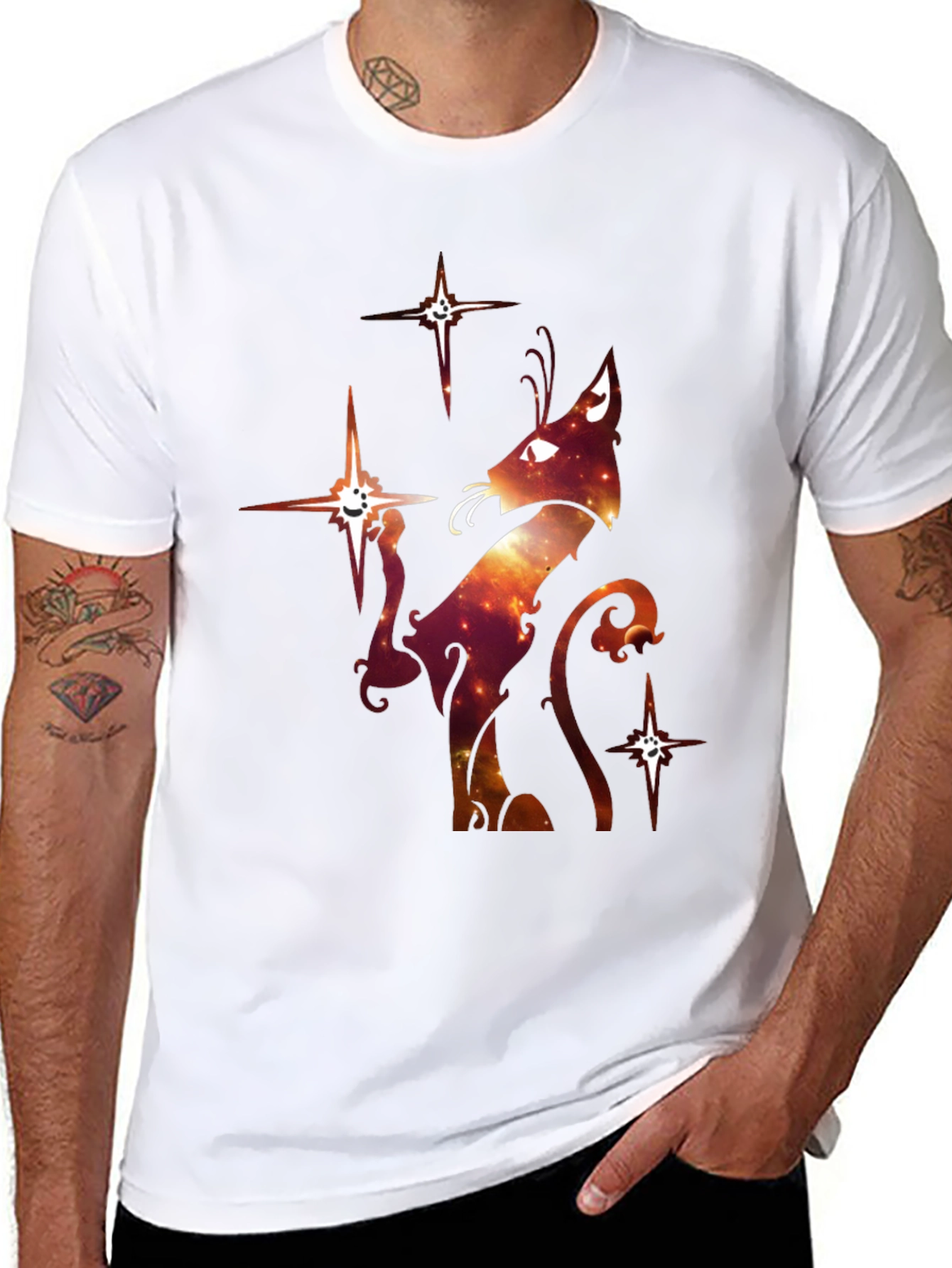 Celestial Cat Graphic T-Shirt - Black Cotton Blend