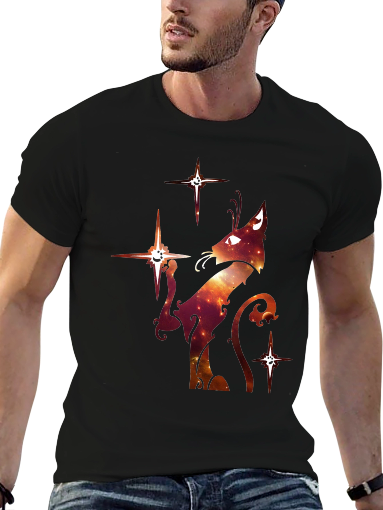 Celestial Cat Graphic T-Shirt - Black Cotton Blend