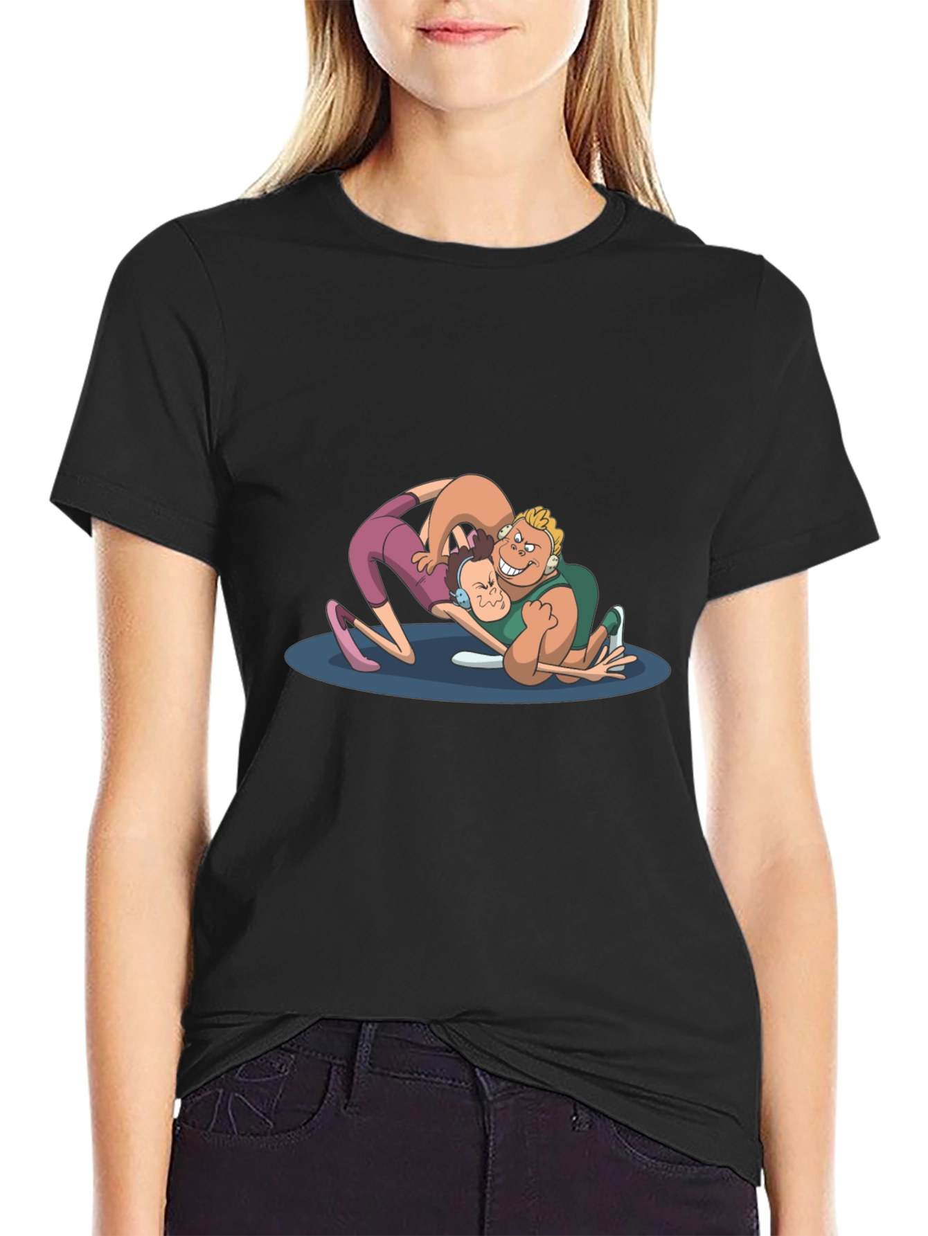 Wrestling Cartoon Graphic Black T-Shirt