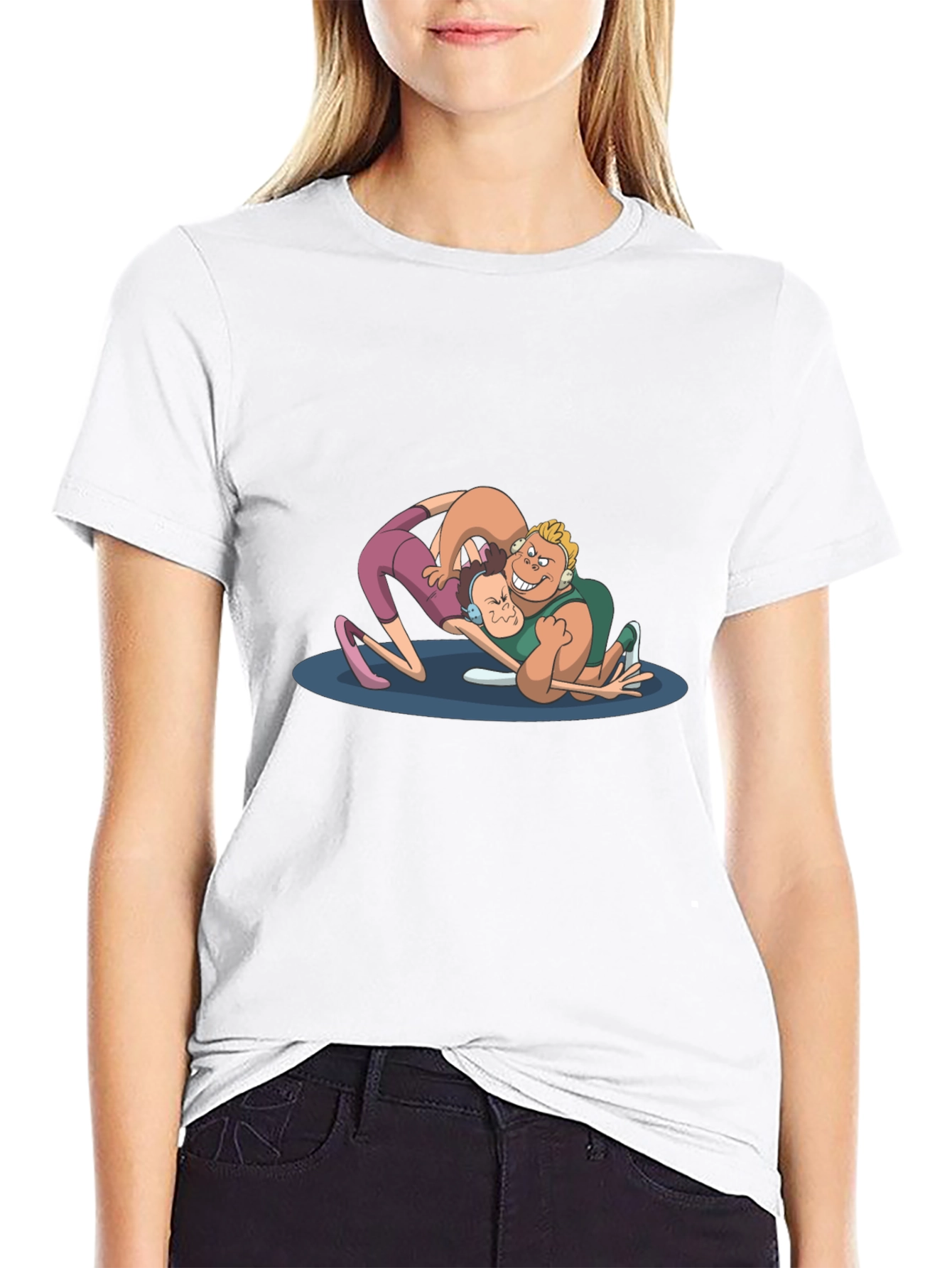 Wrestling Cartoon Graphic Black T-Shirt