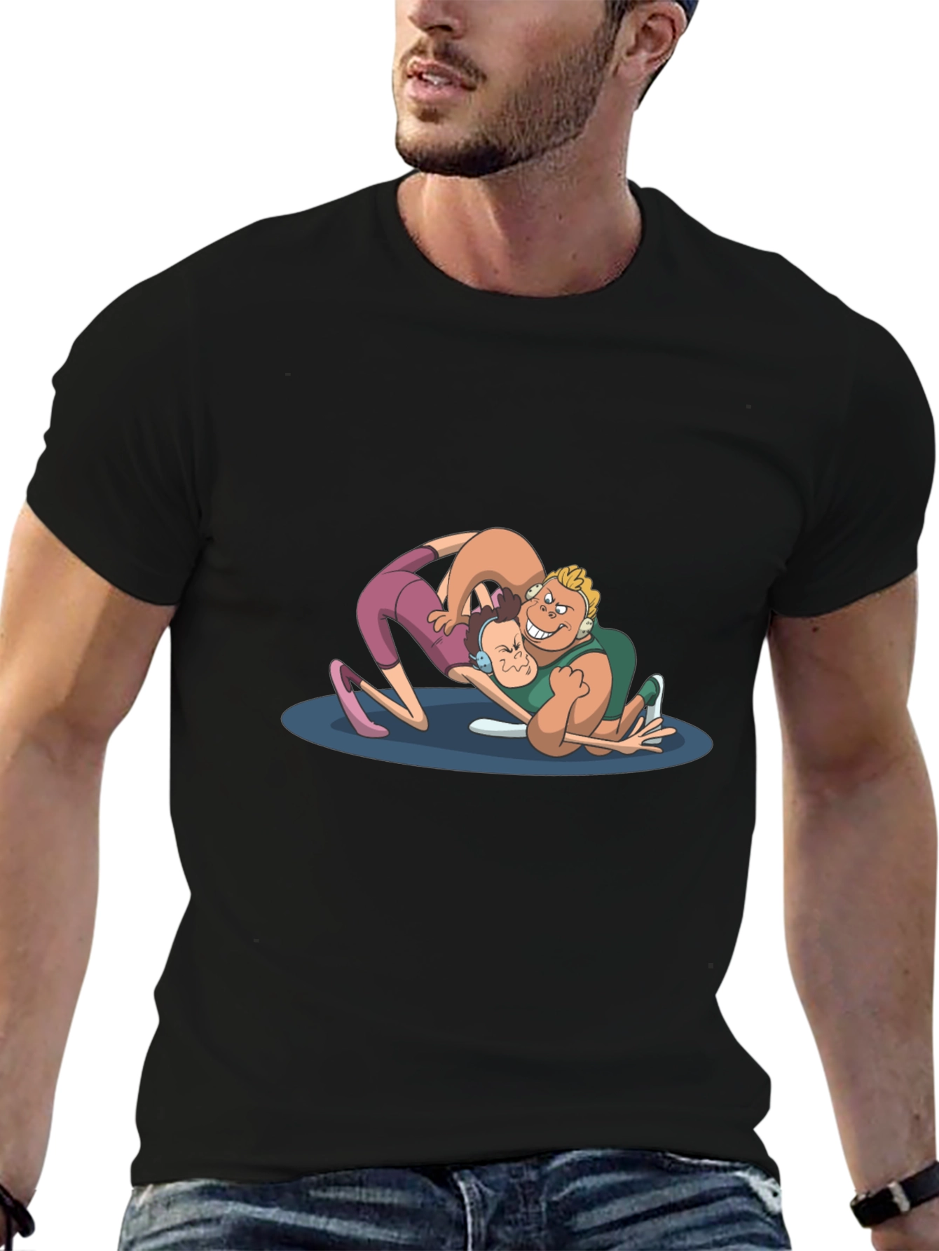 Wrestling Cartoon Graphic Black T-Shirt