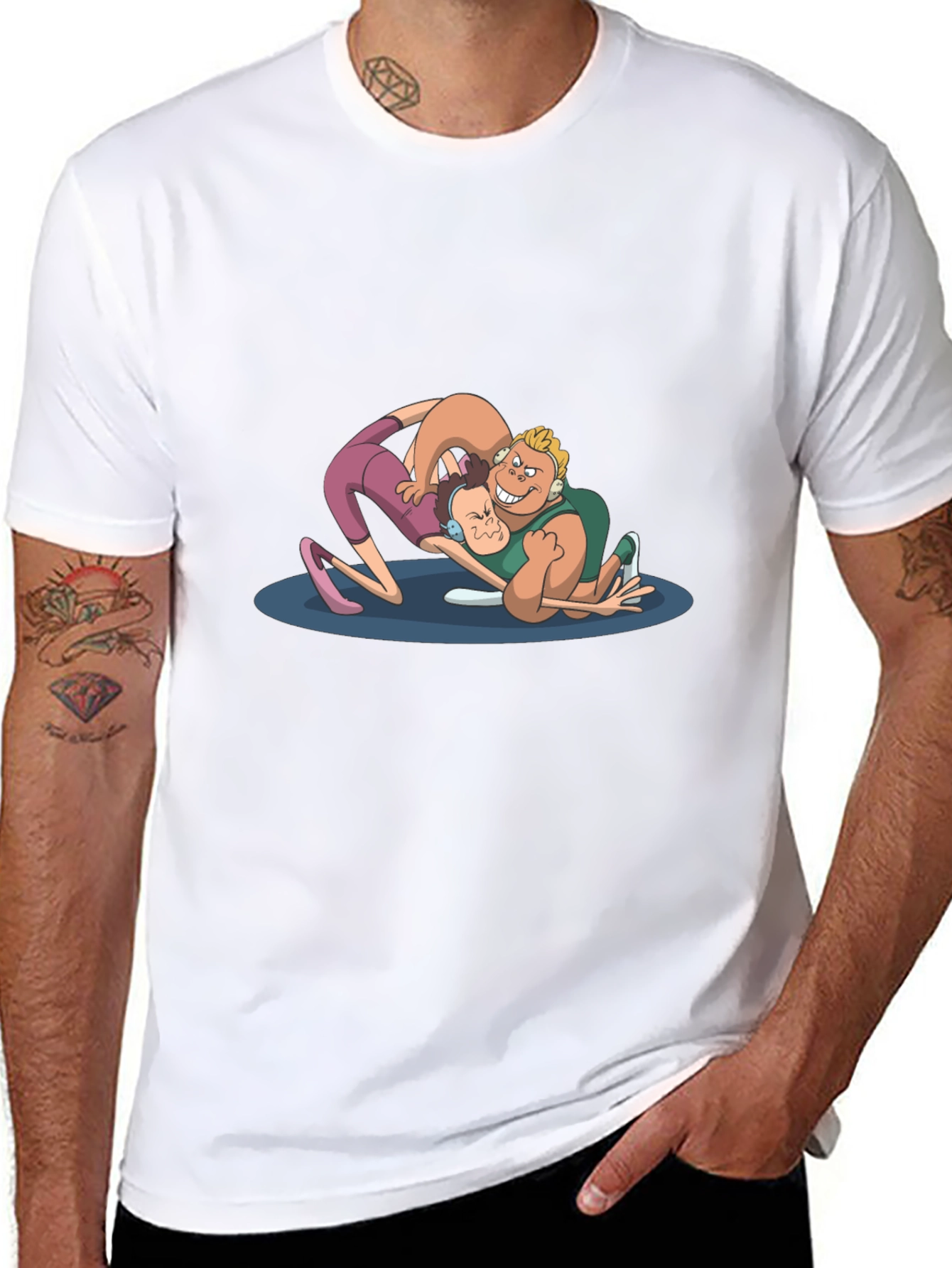 Wrestling Cartoon Graphic Black T-Shirt