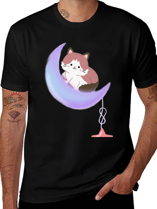Cute Cat on Moon Graphic Tee - Soft Cotton Comfort