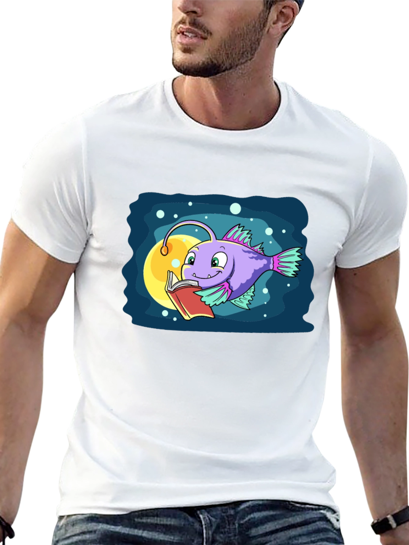 Cartoon Anglerfish Reading Book Graphic Tee
