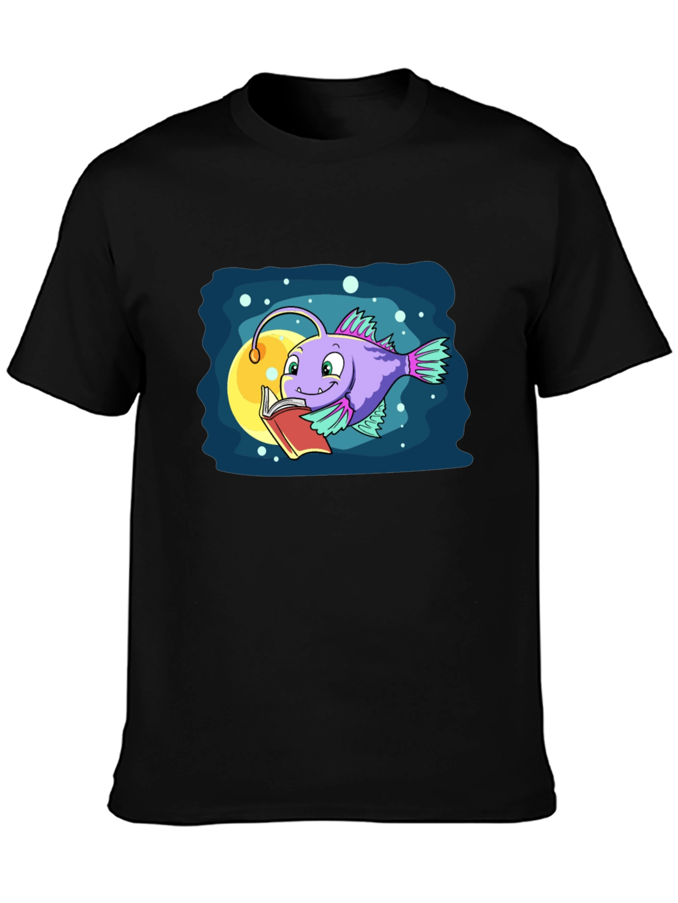 Cartoon Anglerfish Reading Book Graphic Tee