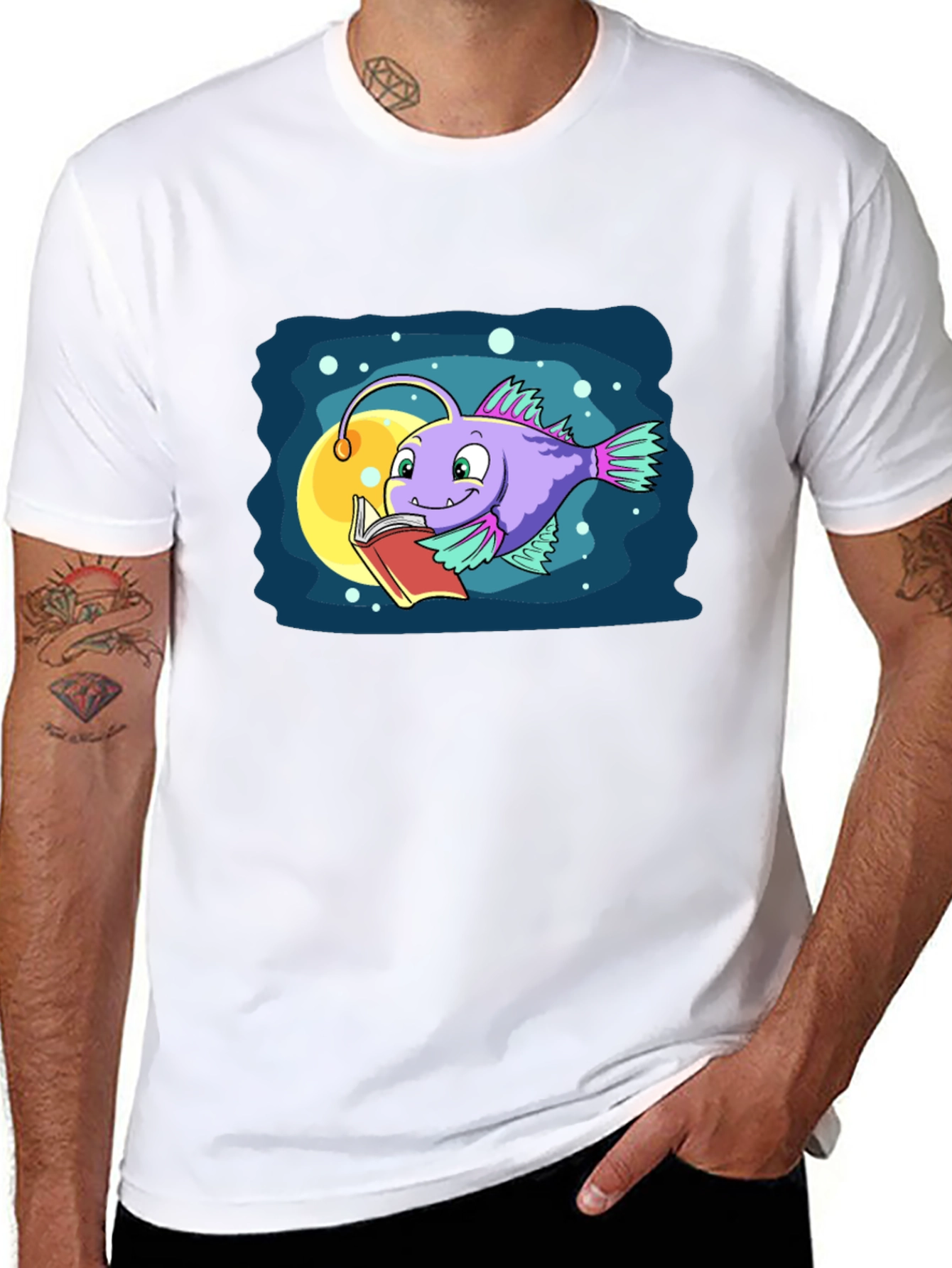 Cartoon Anglerfish Reading Book Graphic Tee
