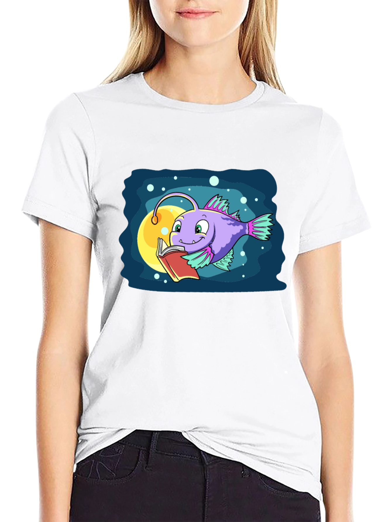 Cartoon Anglerfish Reading Book Graphic Tee