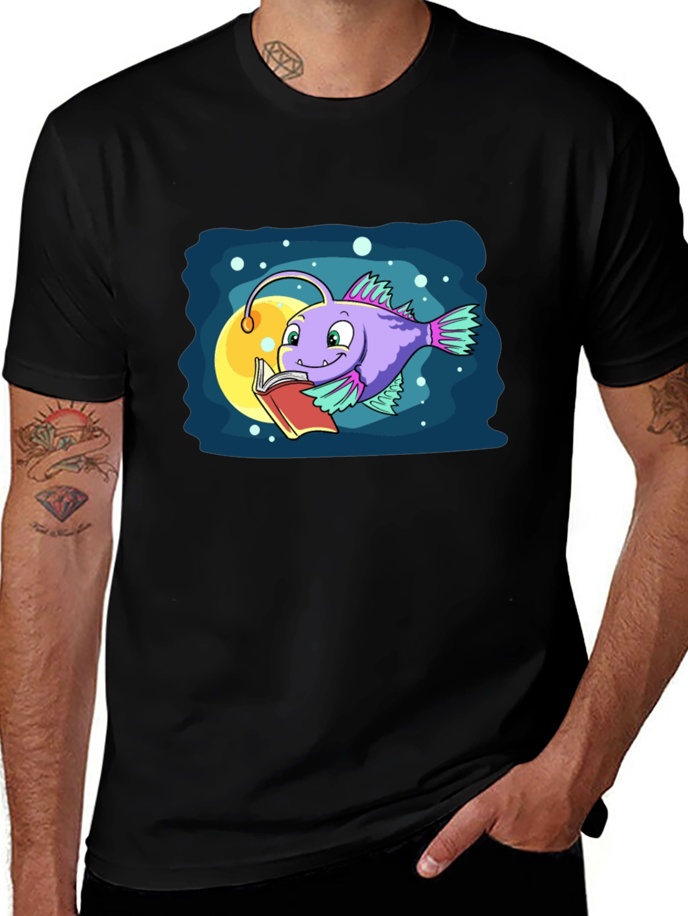 Cartoon Anglerfish Reading Book Graphic Tee