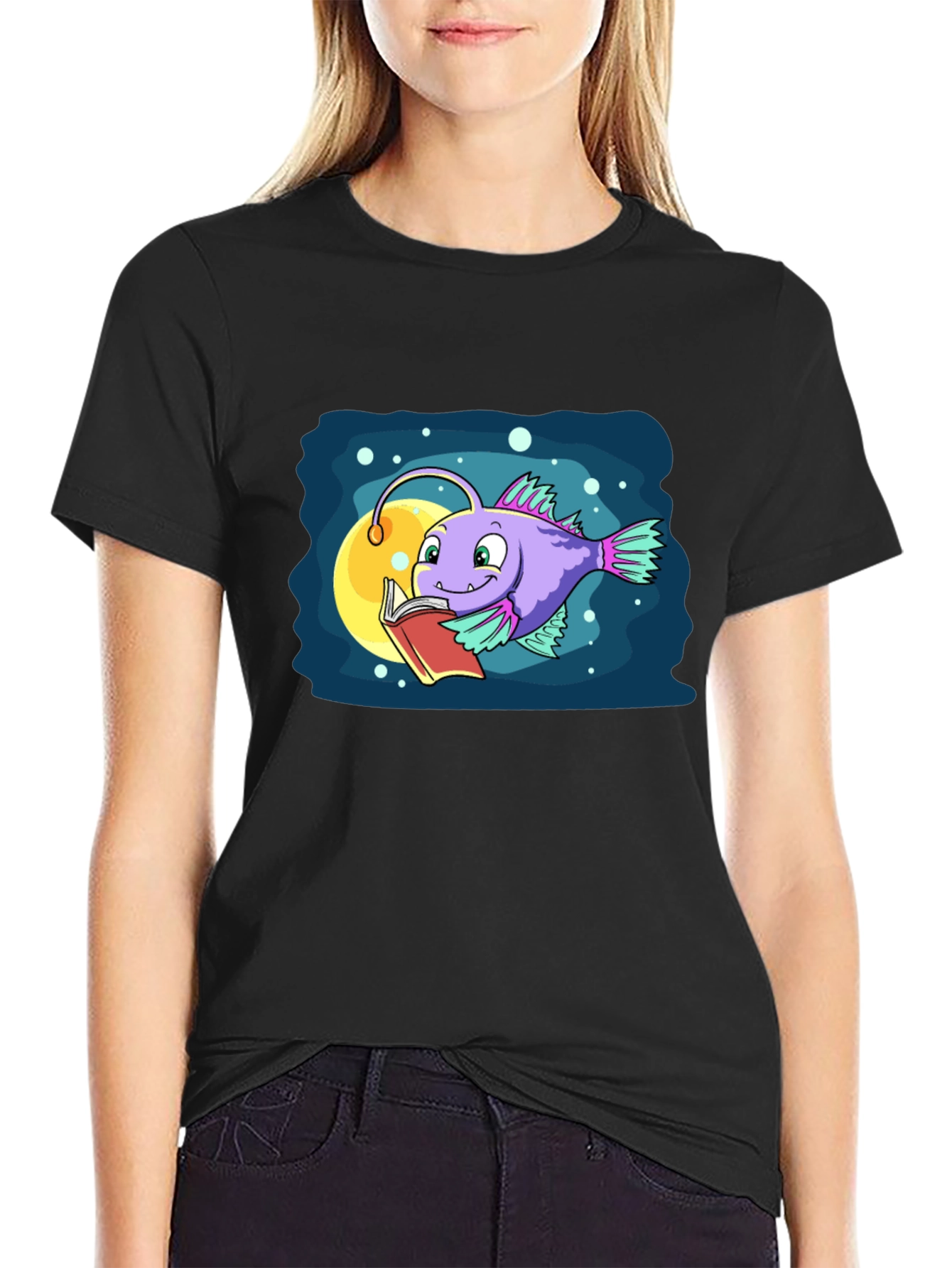 Cartoon Anglerfish Reading Book Graphic Tee