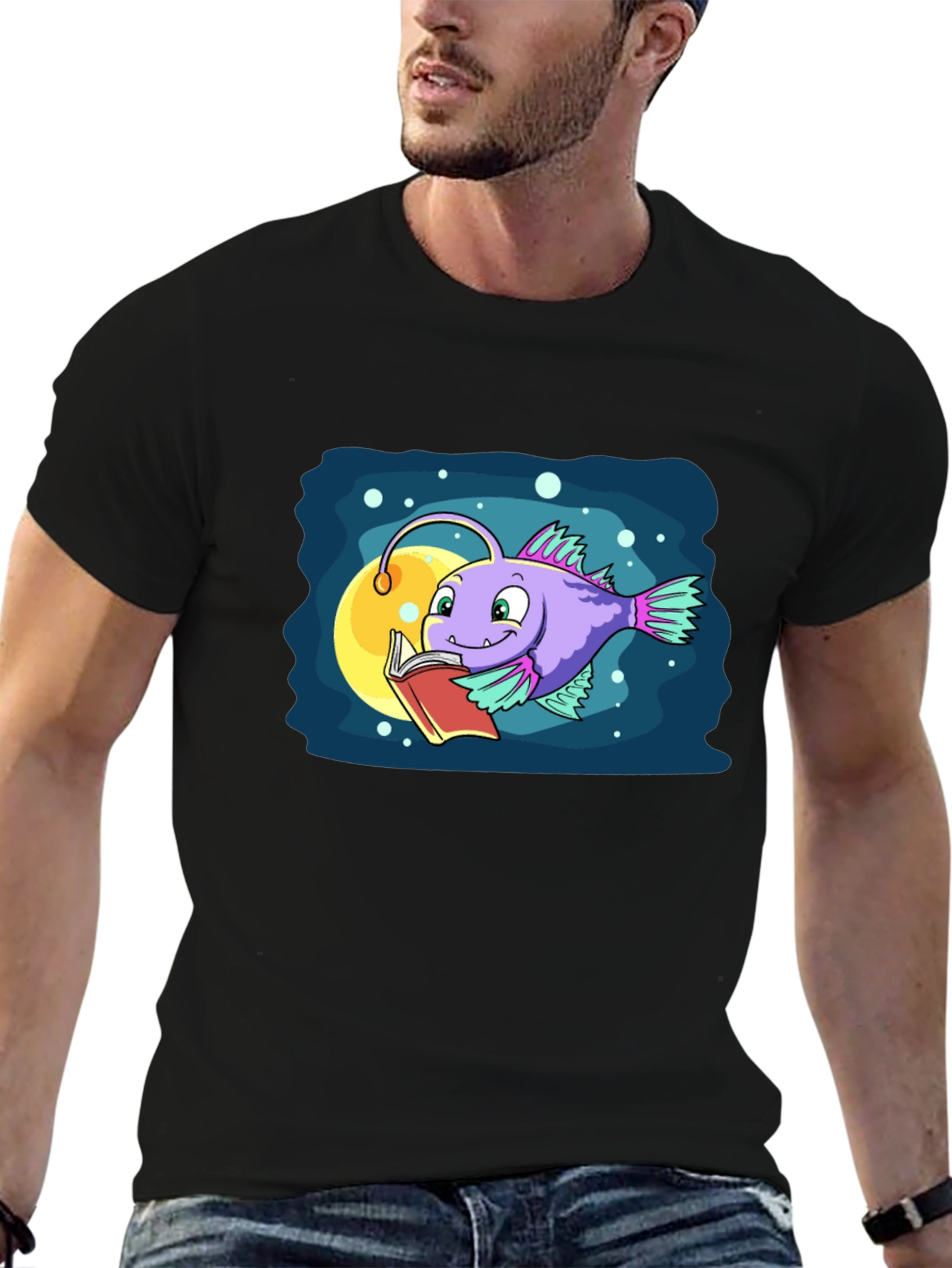 Cartoon Anglerfish Reading Book Graphic Tee