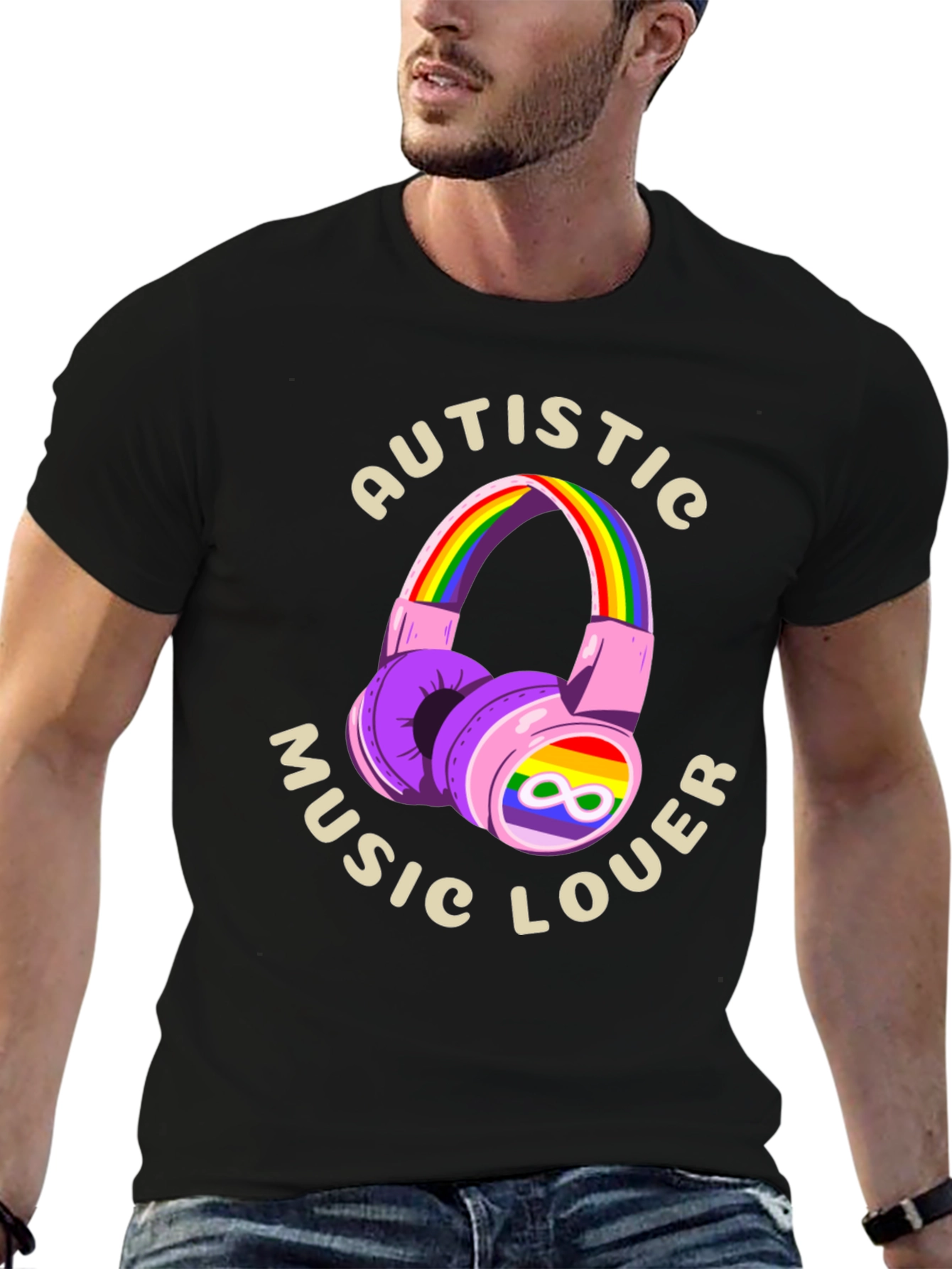 Autistic Music Lover T-Shirt - Rainbow Headphones Design