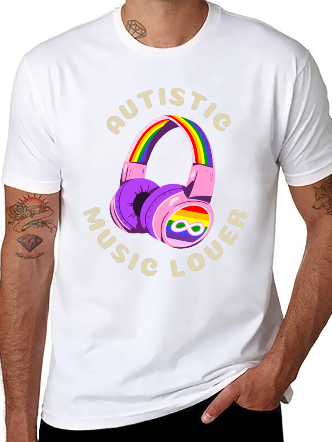 Autistic Music Lover T-Shirt - Rainbow Headphones Design