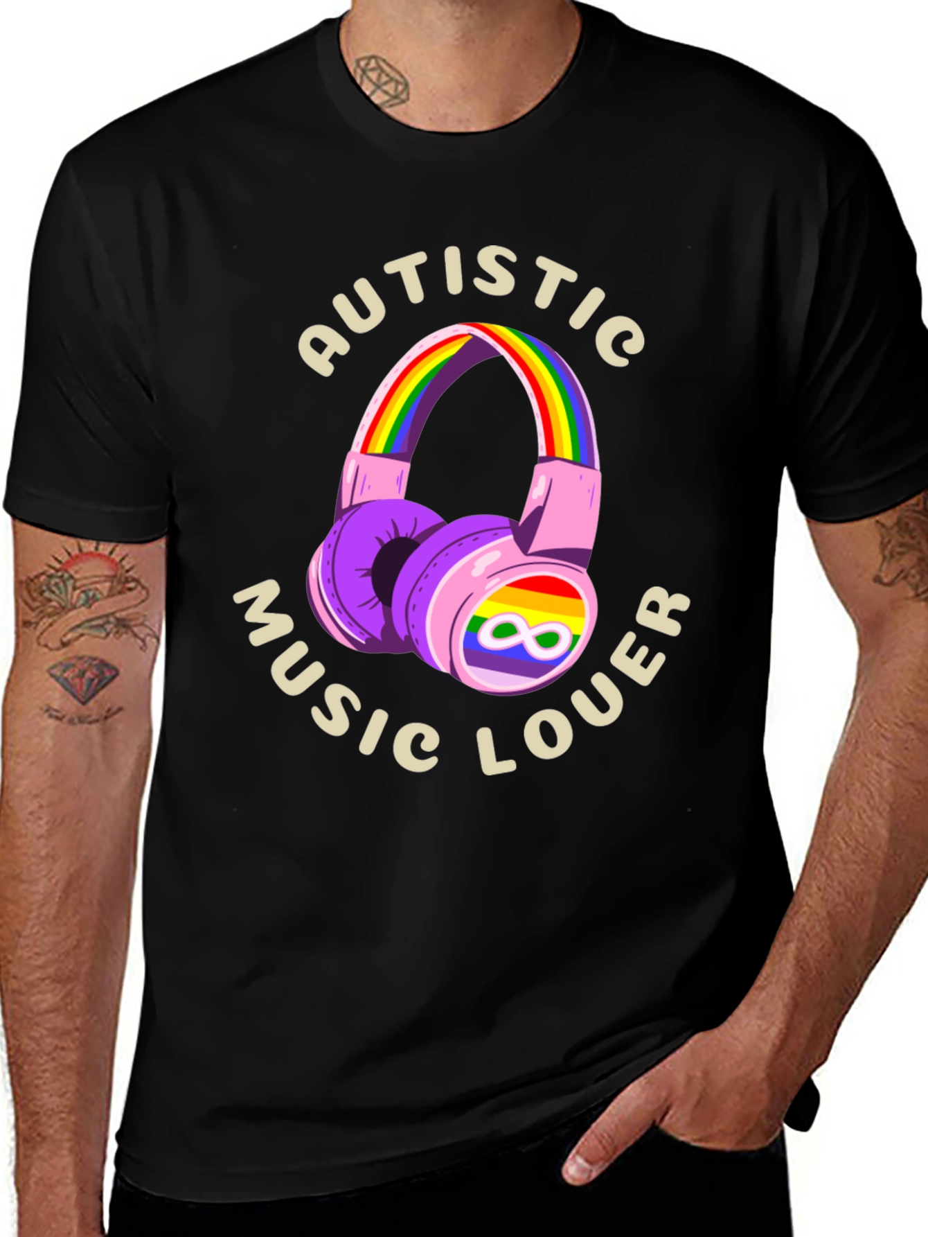 Autistic Music Lover T-Shirt - Rainbow Headphones Design