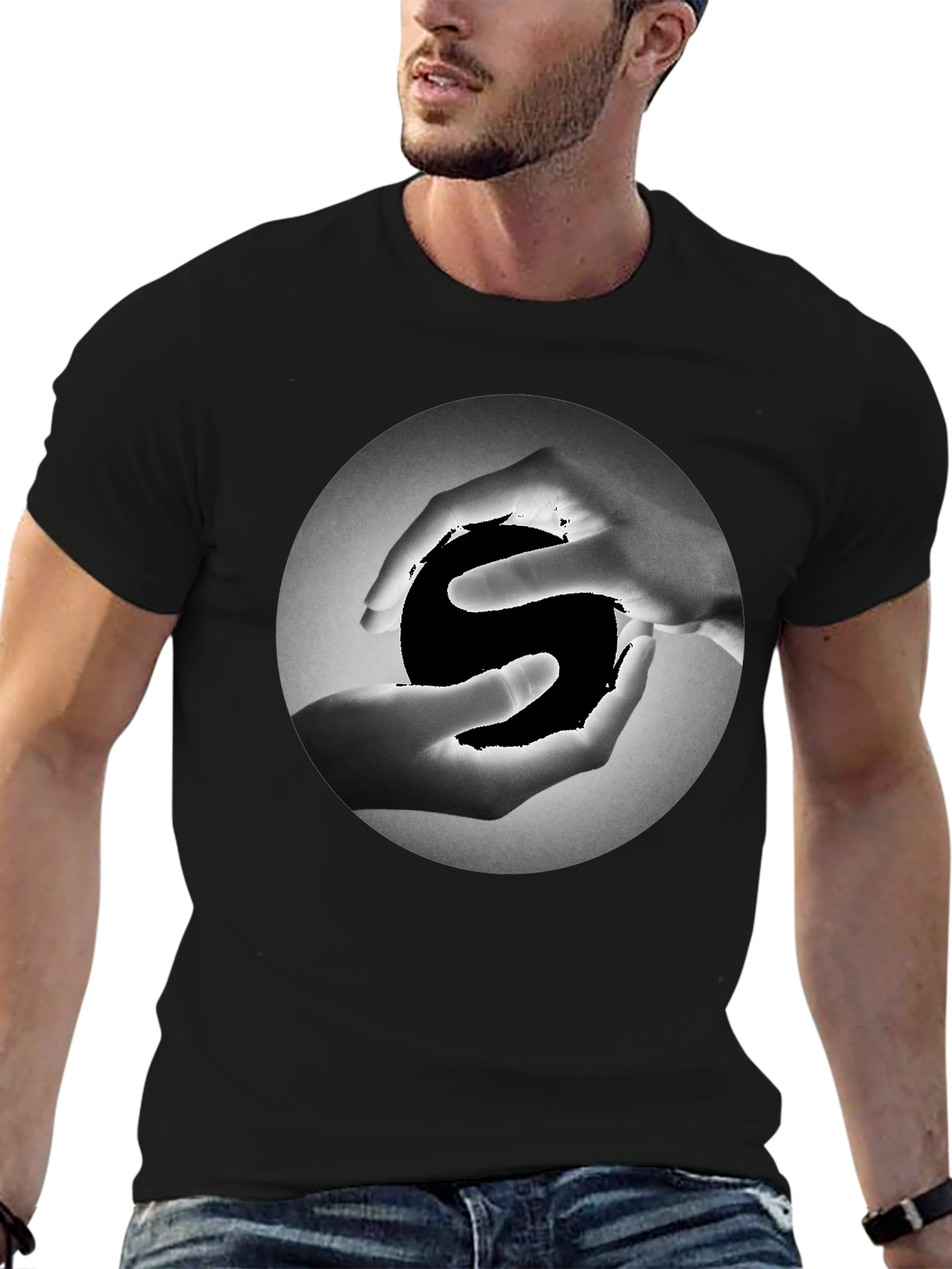 Yin Yang Hands Graphic Tee - Black Cotton T-Shirt