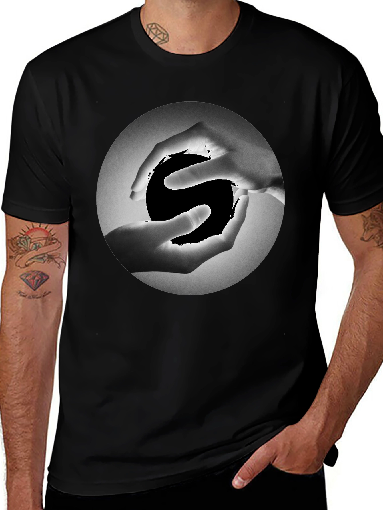Yin Yang Hands Graphic Tee - Black Cotton T-Shirt