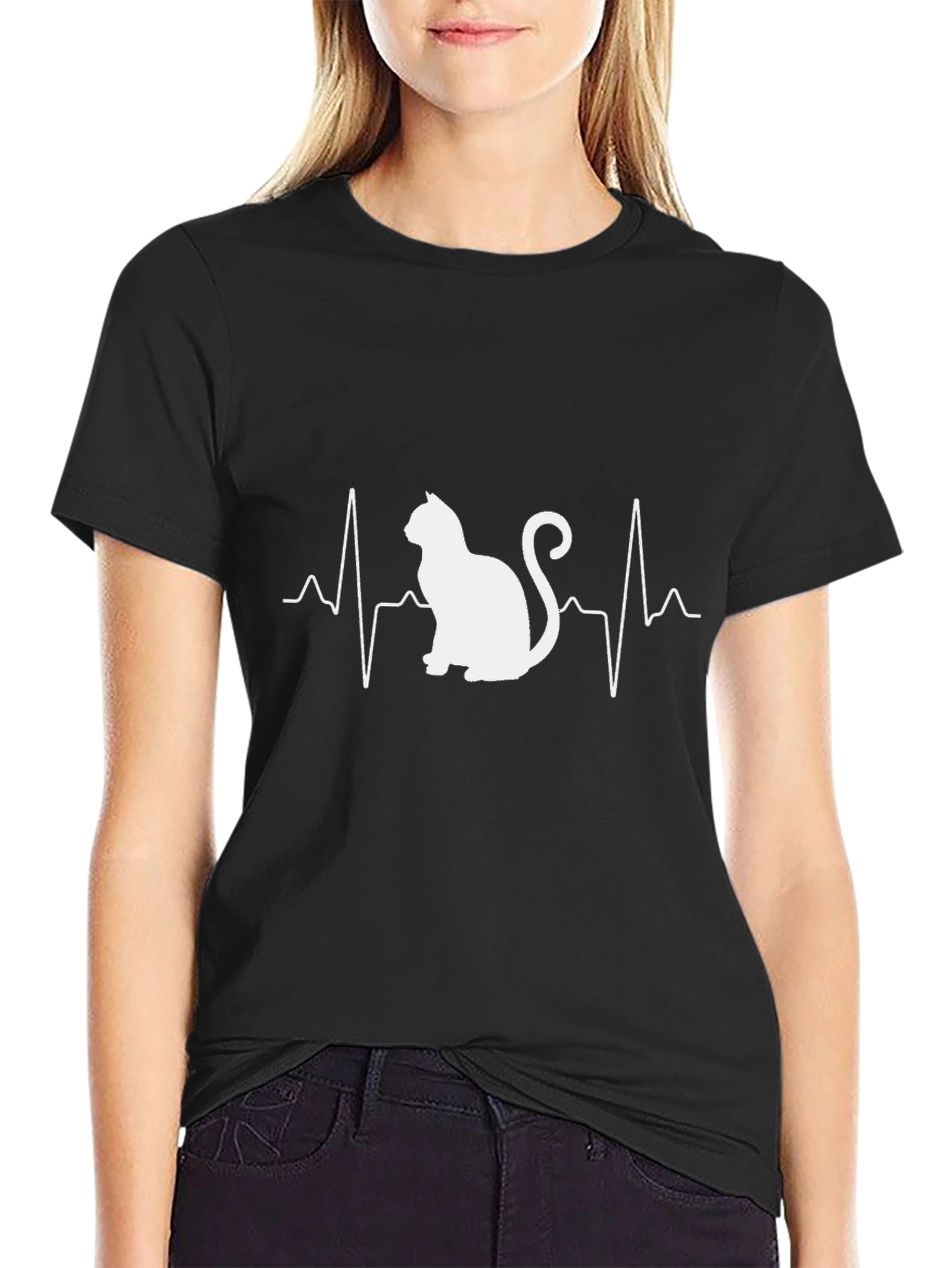 Cat Heartbeat Graphic Tee - Black