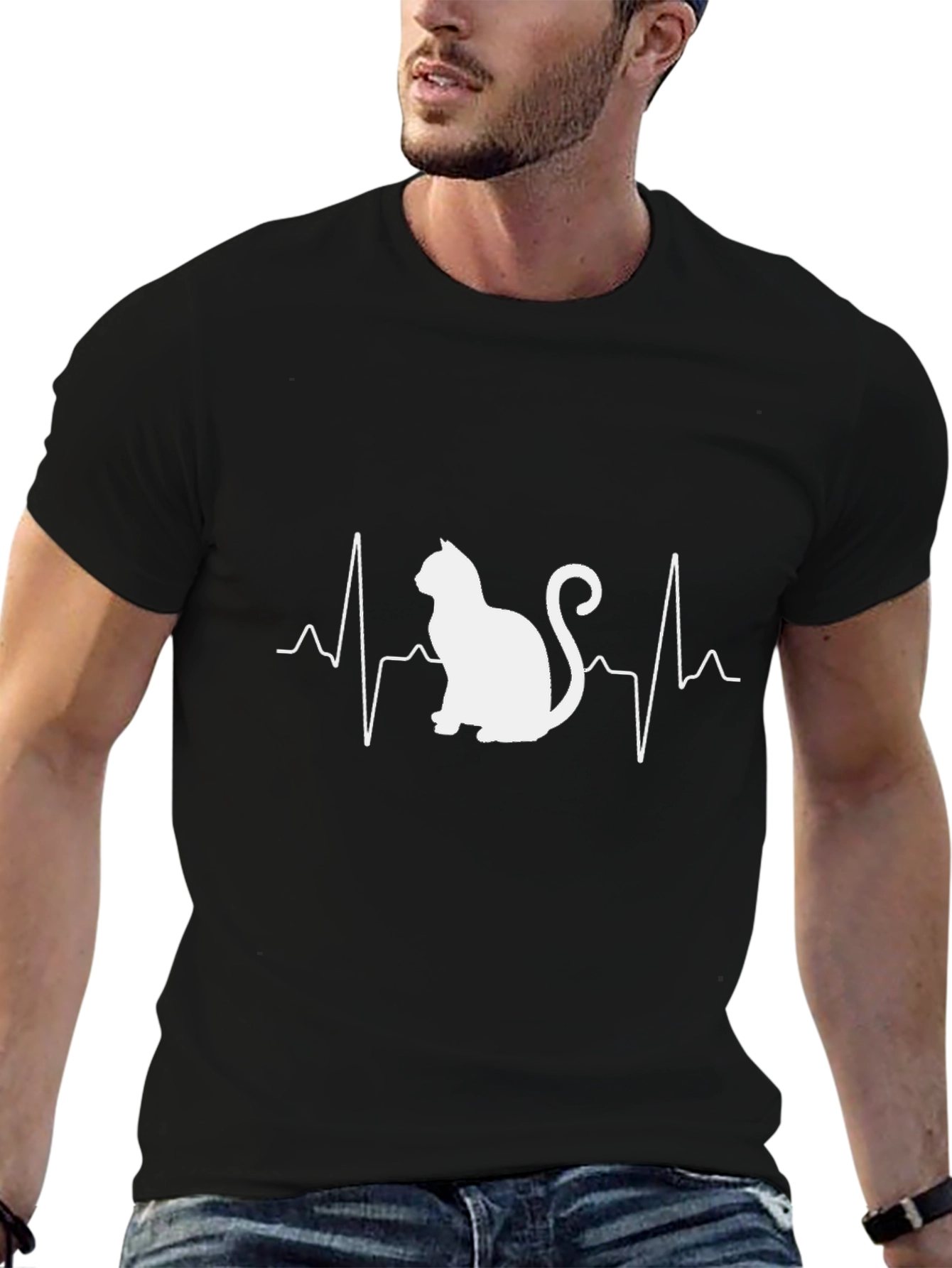Cat Heartbeat Graphic Tee - Black