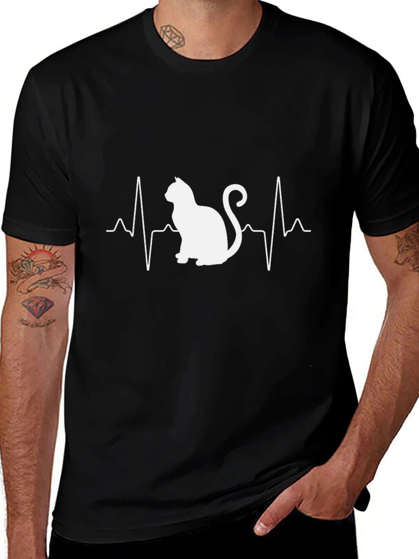 Cat Heartbeat Graphic Tee - Black