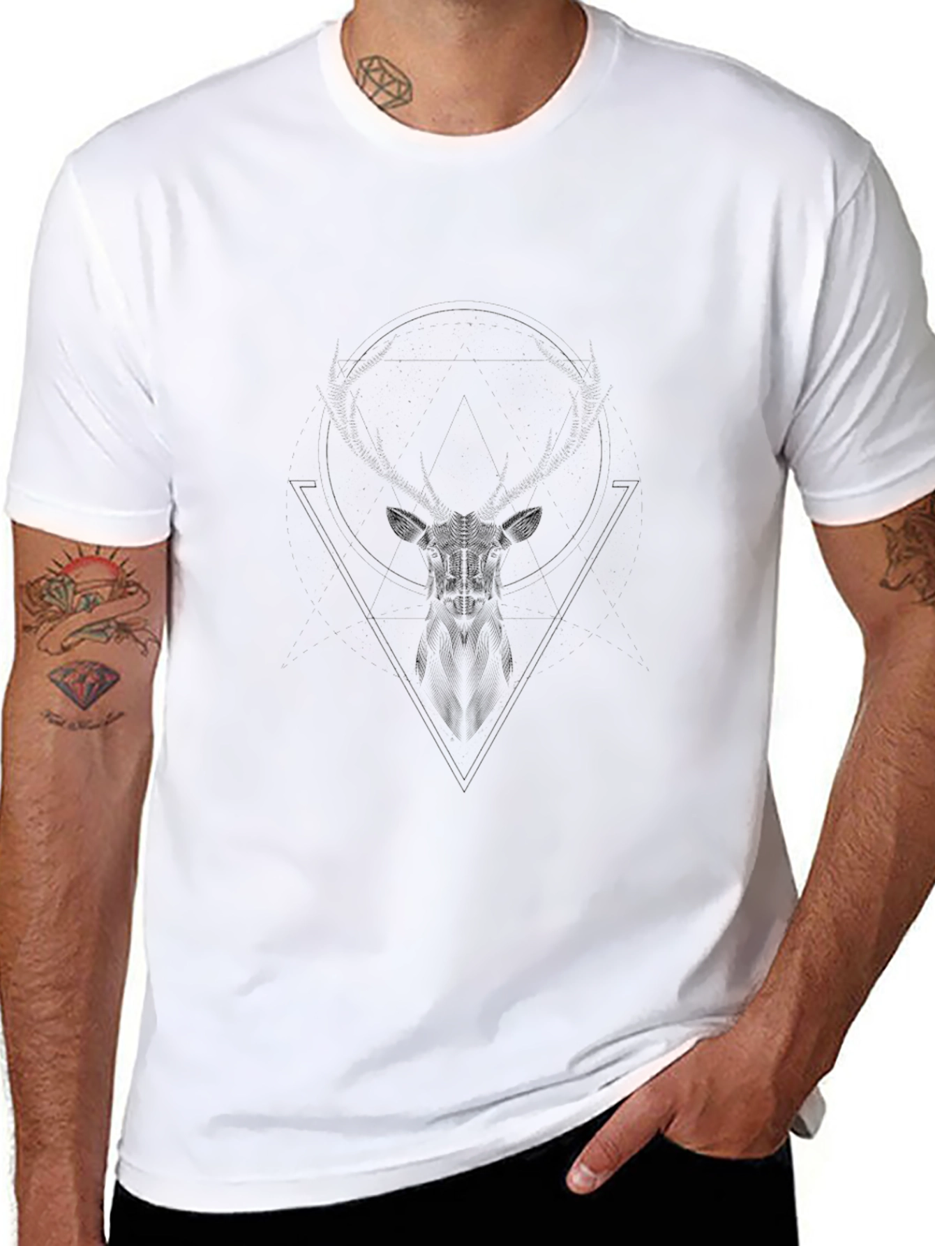 Geometric Deer Graphic Tee - Black Cotton Casual Shirt