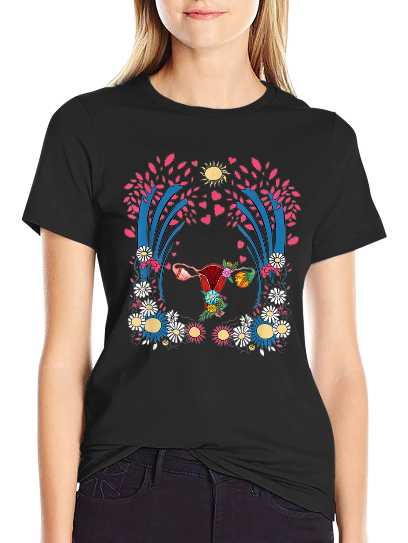 Uterus Floral Print Black T-Shirt