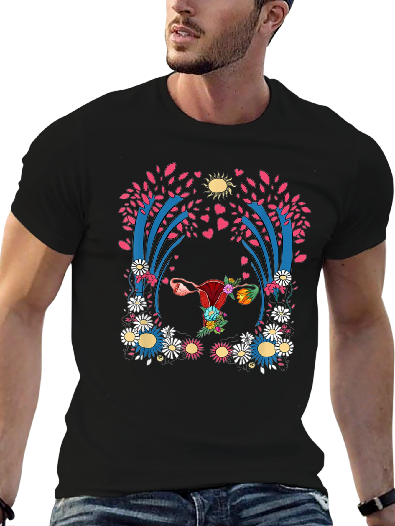 Uterus Floral Print Black T-Shirt