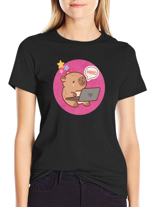 Cute Bear Laptop Tee - Hello World! Black Shirt