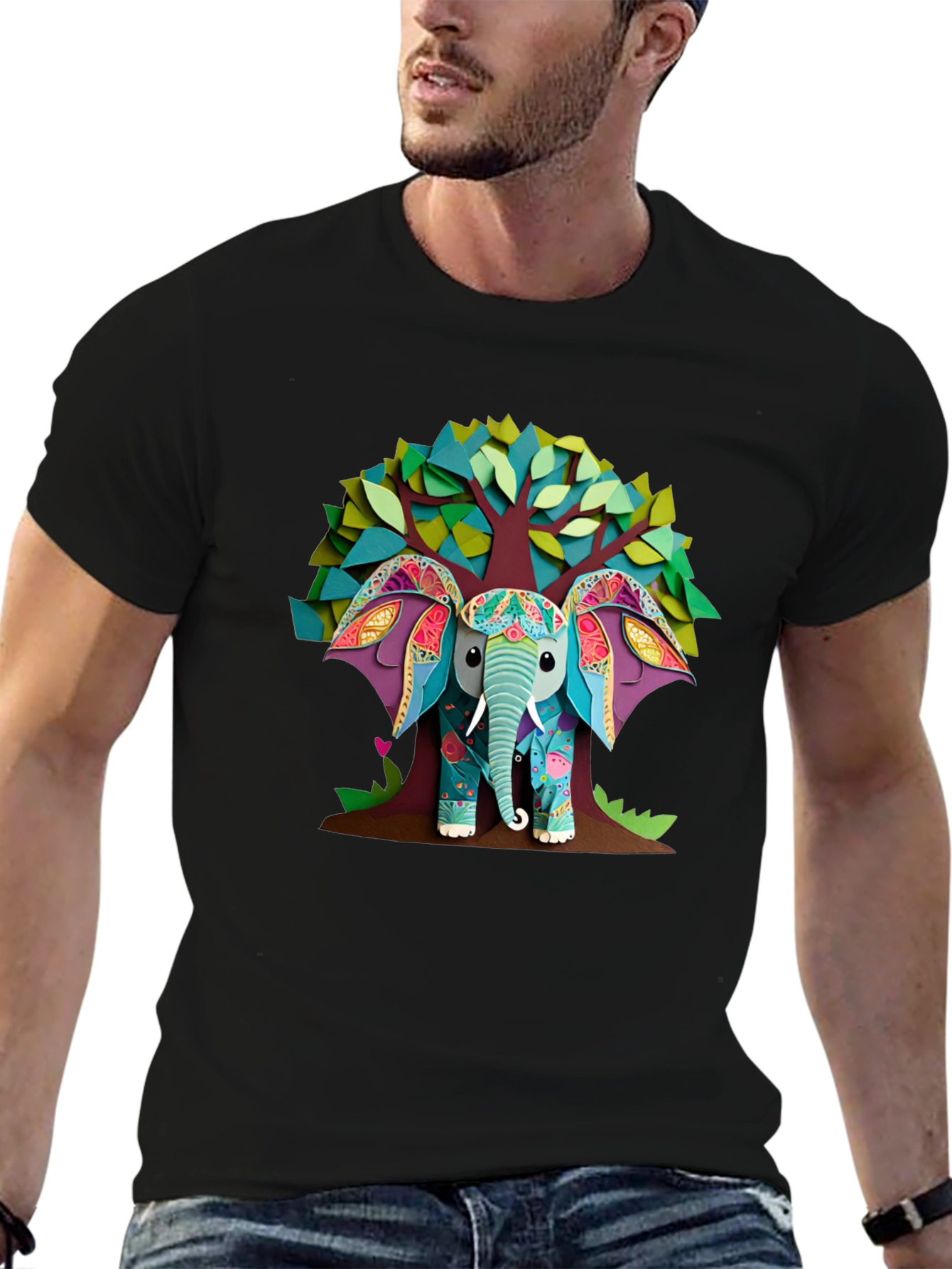 Elephant Tree Graphic Black T-Shirt