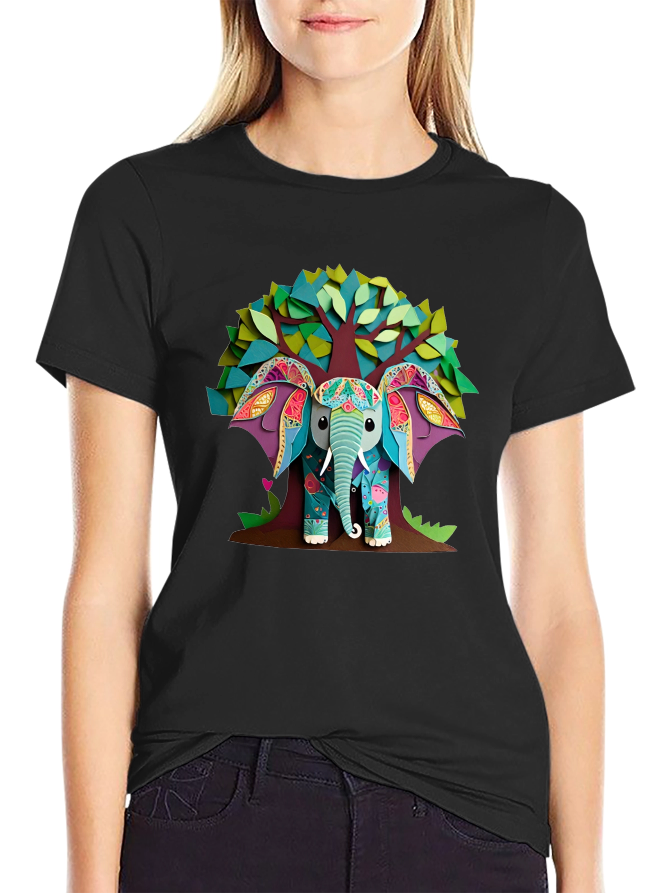Elephant Tree Graphic Black T-Shirt