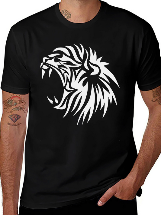 Mens Black T-Shirt - Tribal Lion Graphic Tee