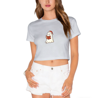 Book?Loving Ghost Santa Hat Reading Christmas Carol Crop Tee