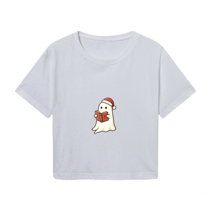 Book?Loving Ghost Santa Hat Reading Christmas Carol Crop Tee