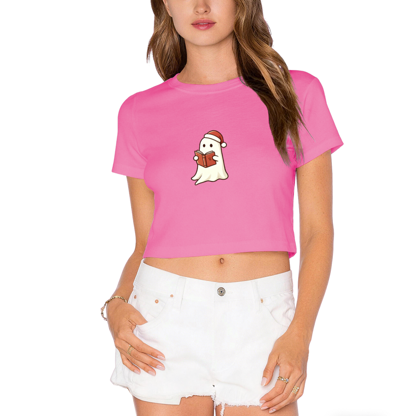 Book?Loving Ghost Santa Hat Reading Christmas Carol Crop Tee
