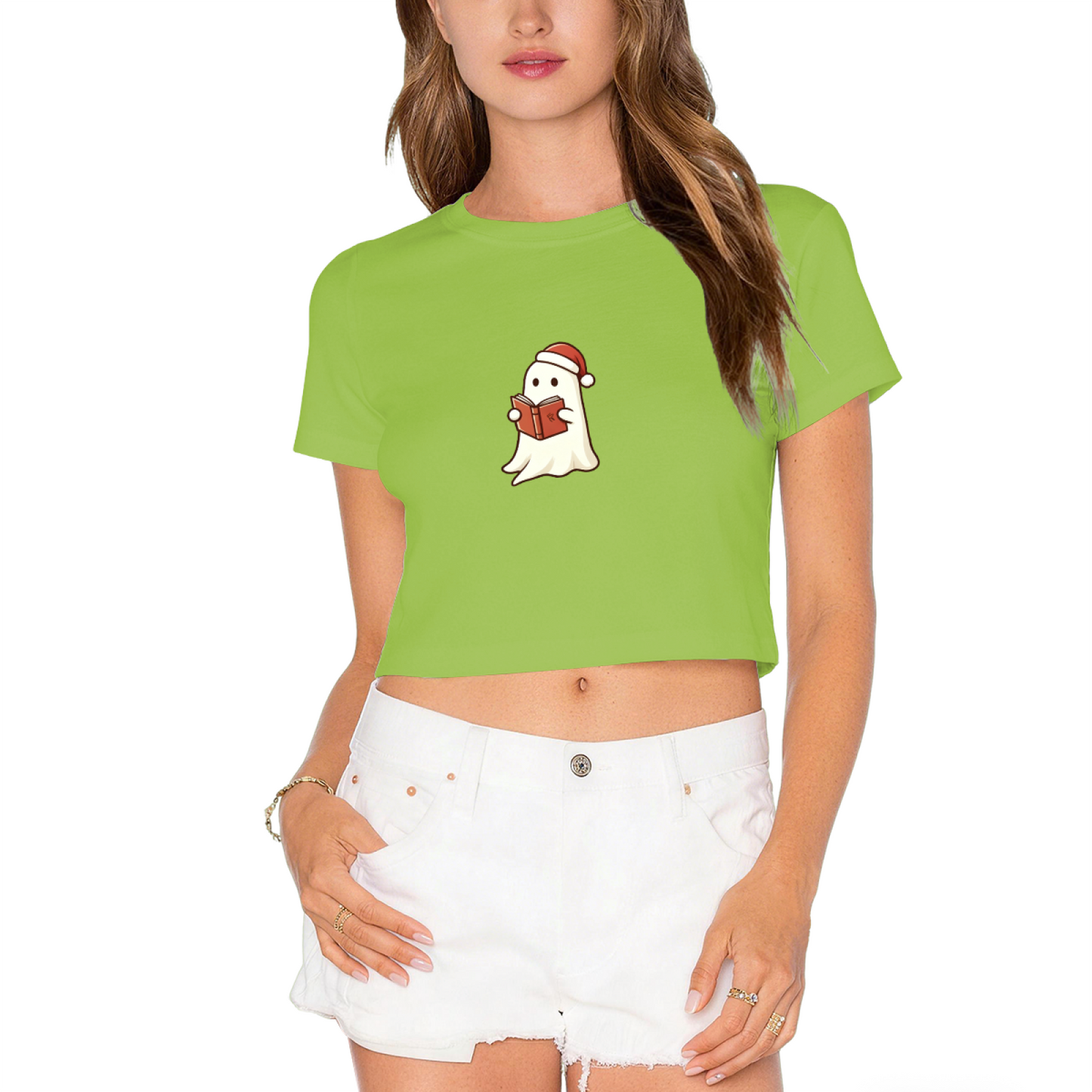 Book?Loving Ghost Santa Hat Reading Christmas Carol Crop Tee