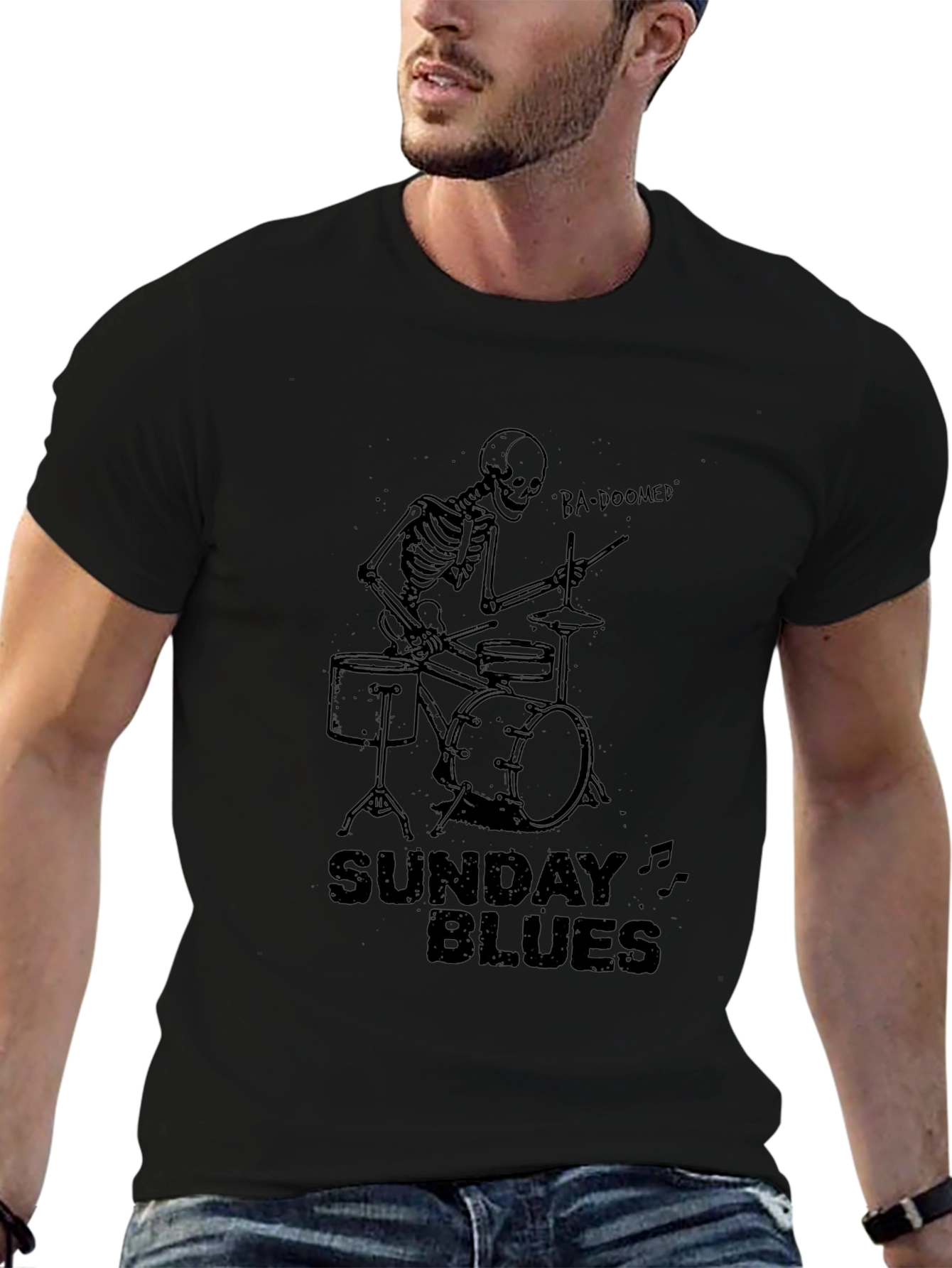 Sunday Blues Skeleton Drummer Black T-Shirt