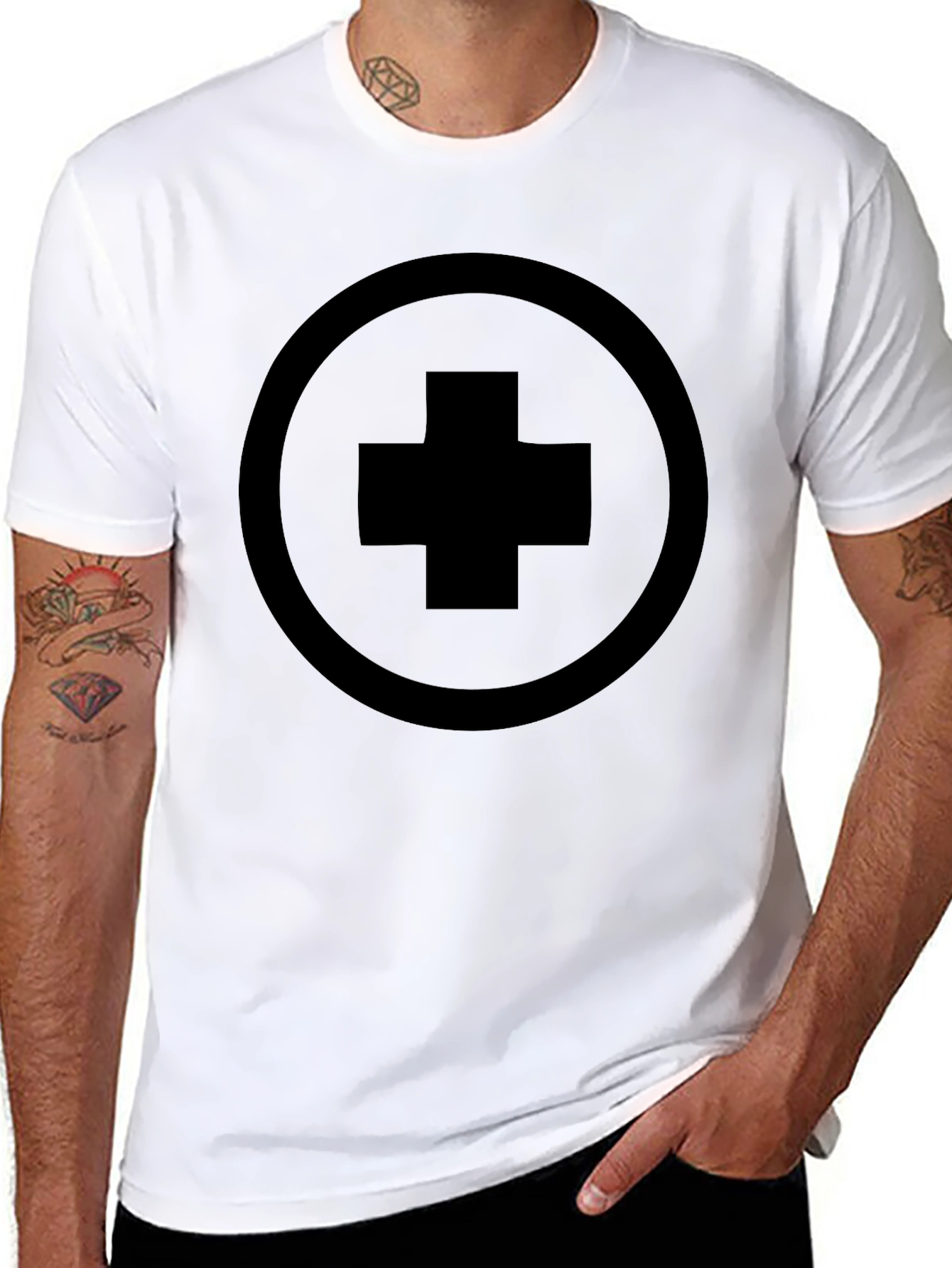 Black T-Shirt with Circle and Cross Design