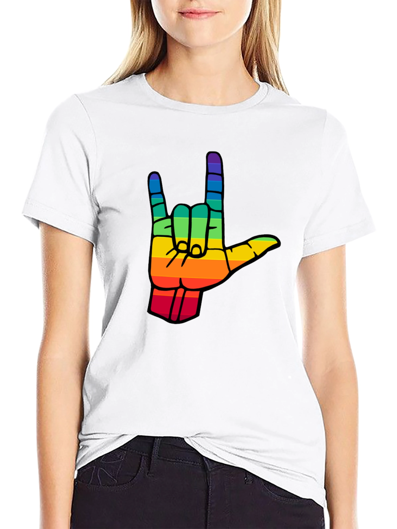 Rainbow I Love You Hand Sign Black T-Shirt