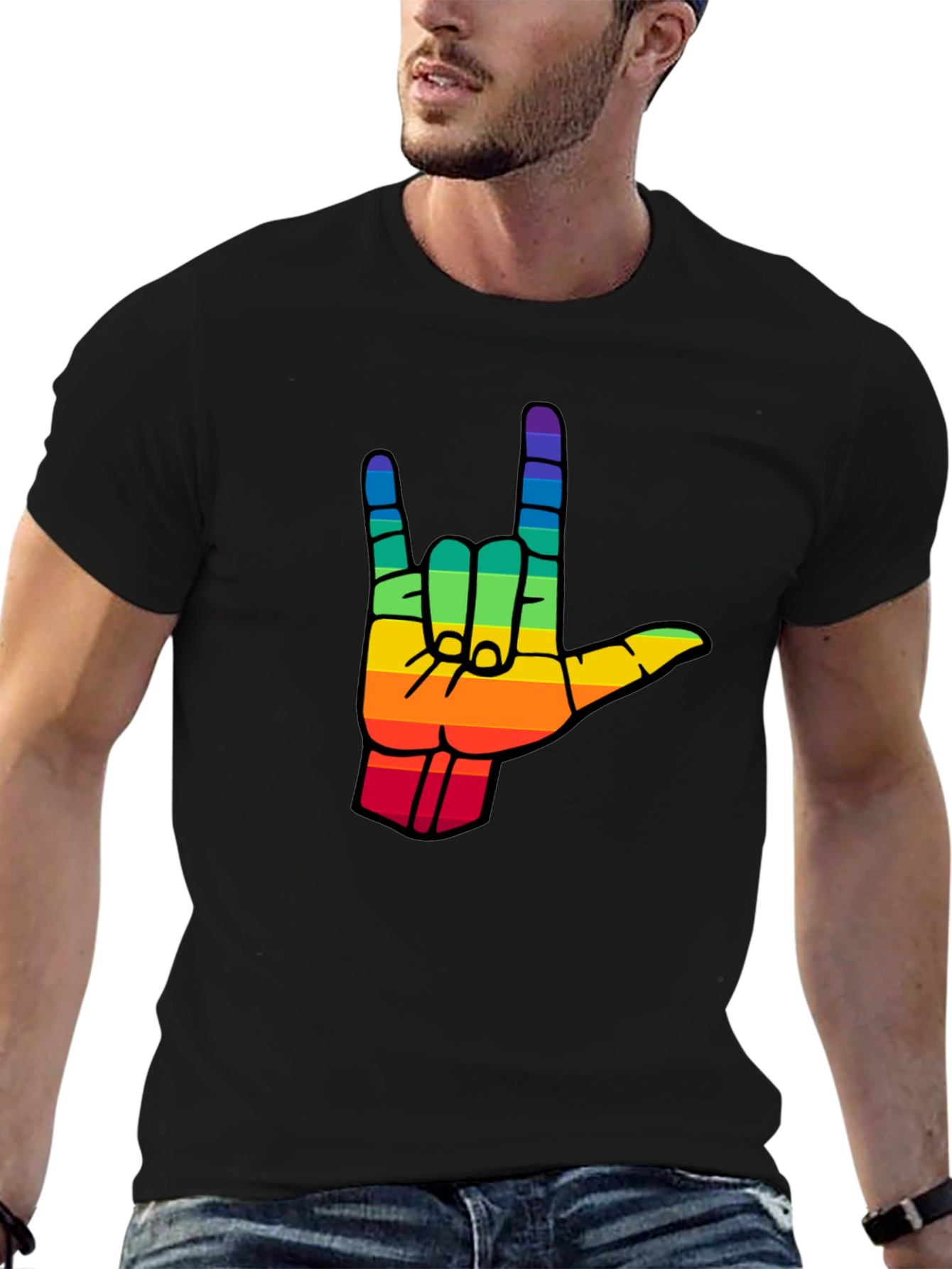 Rainbow I Love You Hand Sign Black T-Shirt