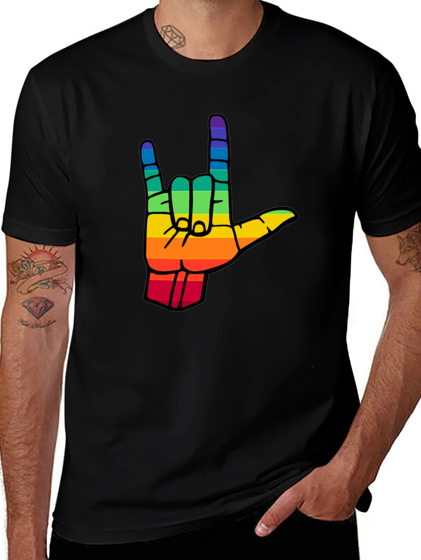 Rainbow I Love You Hand Sign Black T-Shirt